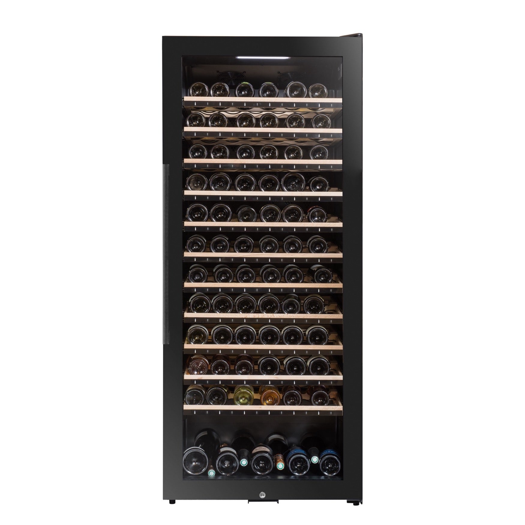 Vista de la Vinoteca multizona 149 botellas La Sommelière ECELLAR150 completamente abastecida con botellas de vino