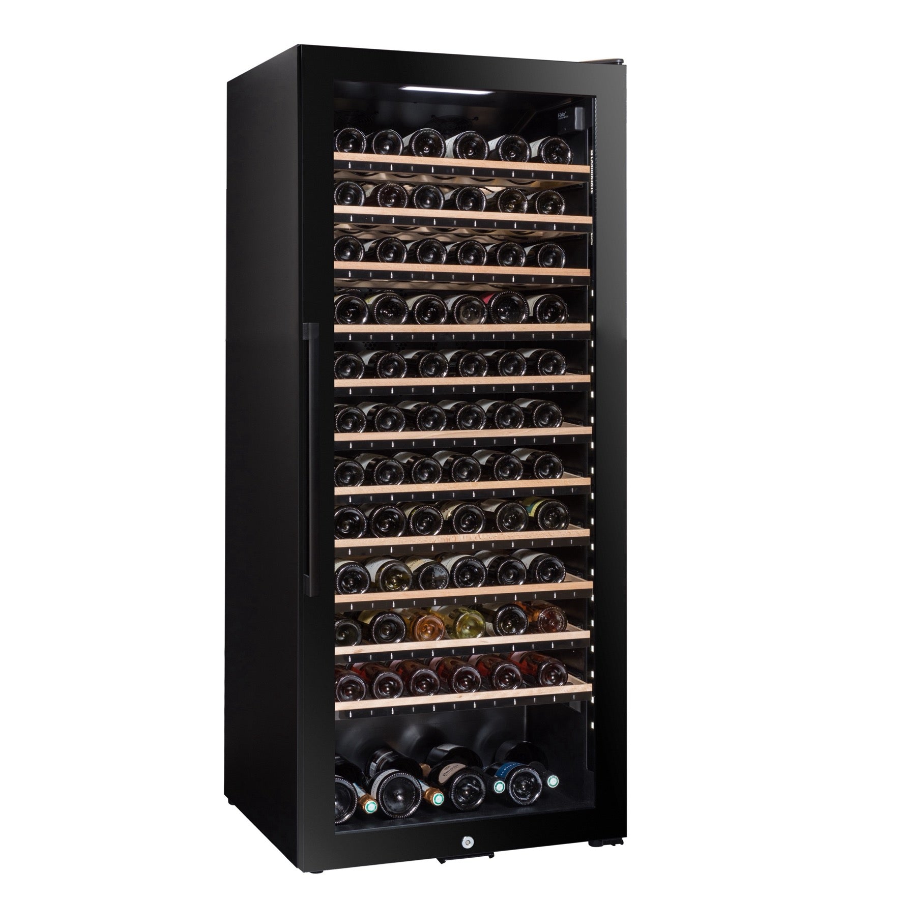 Vista de la Vinoteca multizona 149 botellas La Sommelière ECELLAR150 completamente abastecida con botellas de vino