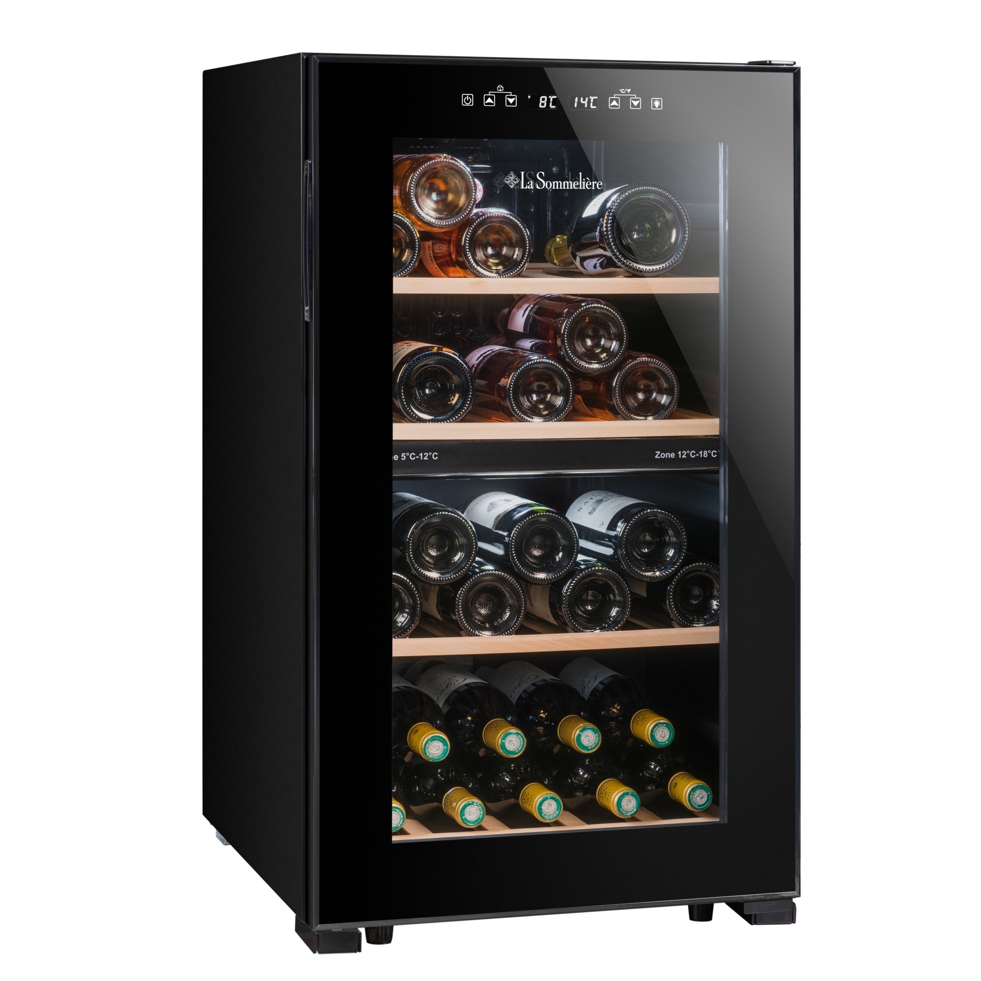 Vista de la Vinoteca 50 botellas La Sommelière LS512ZBLACK doble zona cargada de botellas de vino tinto y blanco
