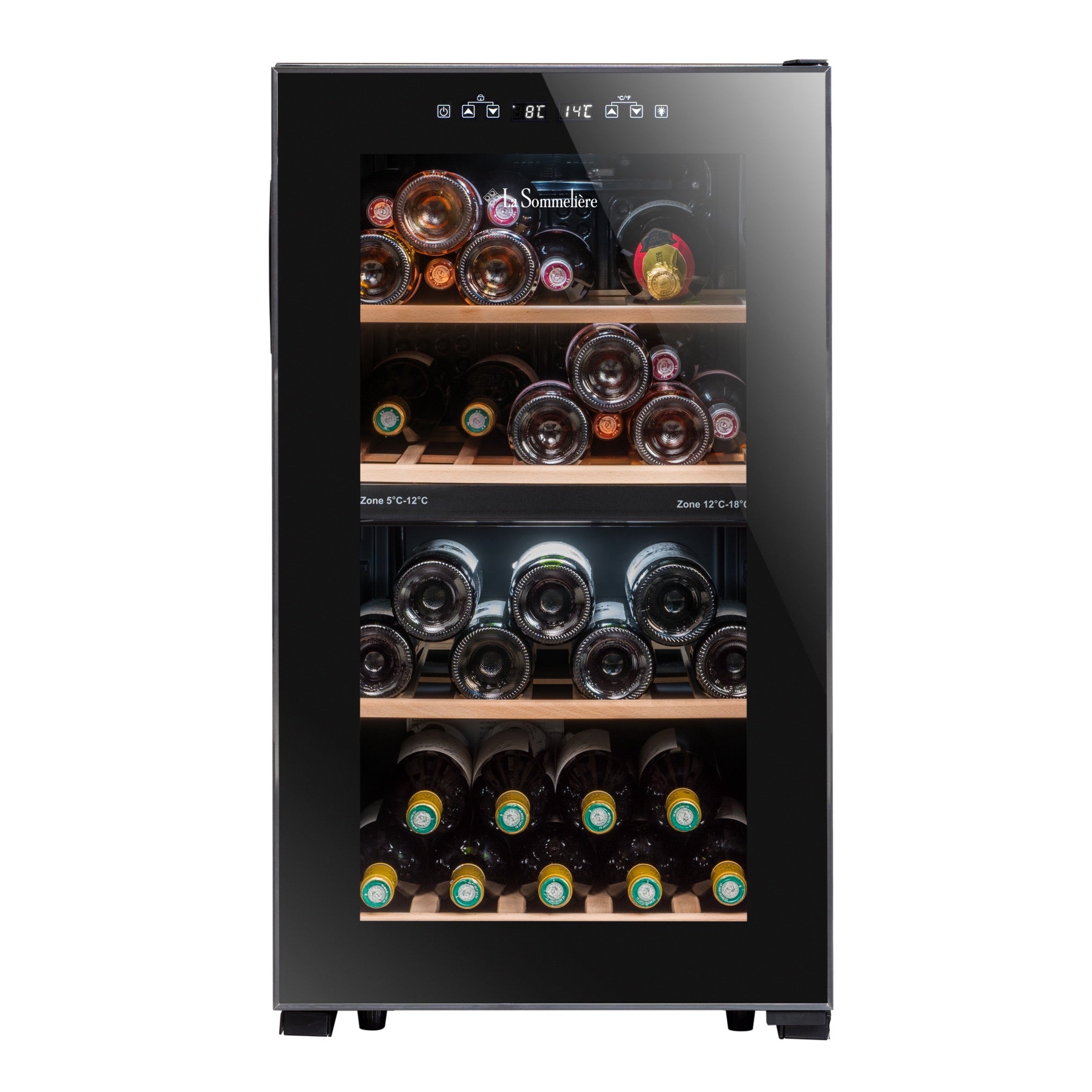 Vista de la Vinoteca 50 botellas La Sommelière LS512ZBLACK doble zona completamente abastecida con botellas de vino