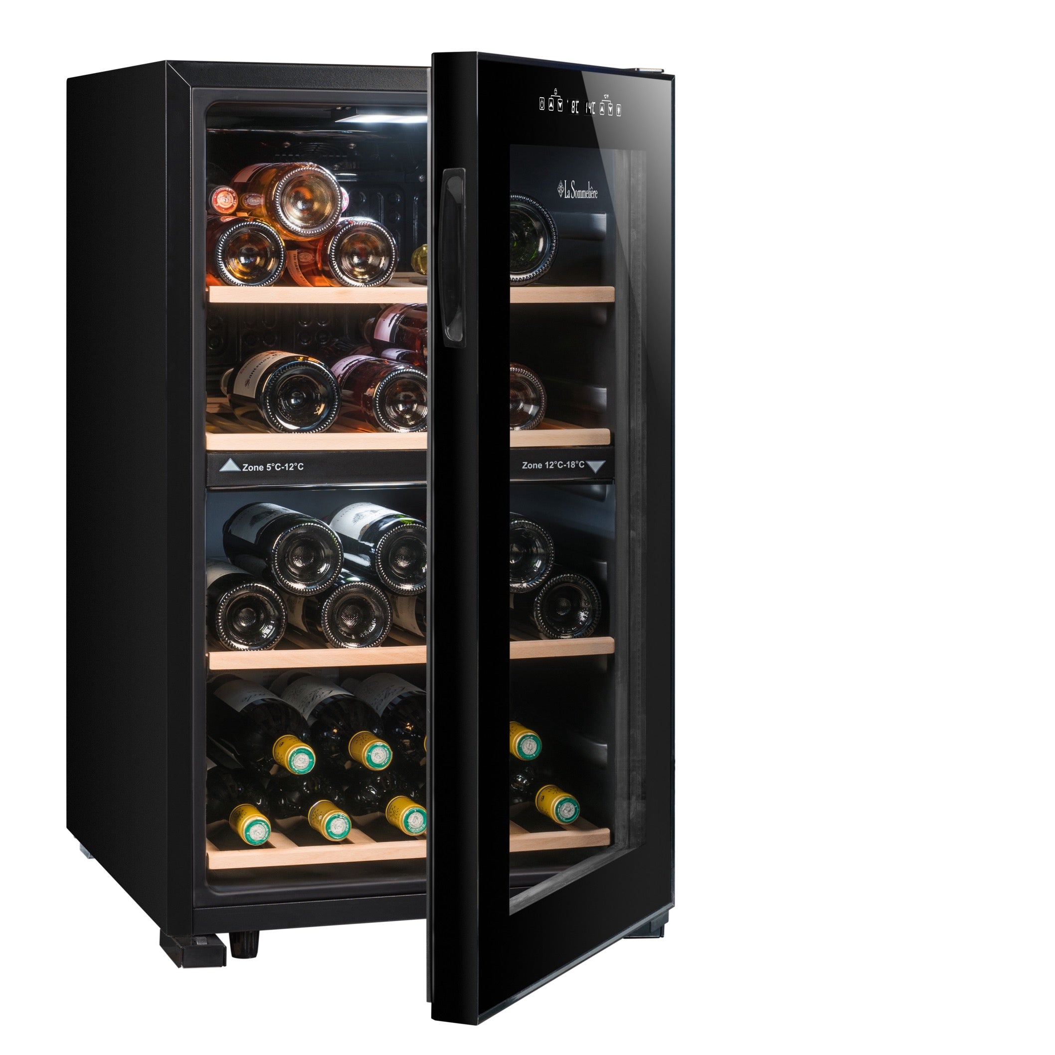 Vista de la Vinoteca 50 botellas La Sommelière LS512ZBLACK doble zona con estantes de madera llenos de botellas