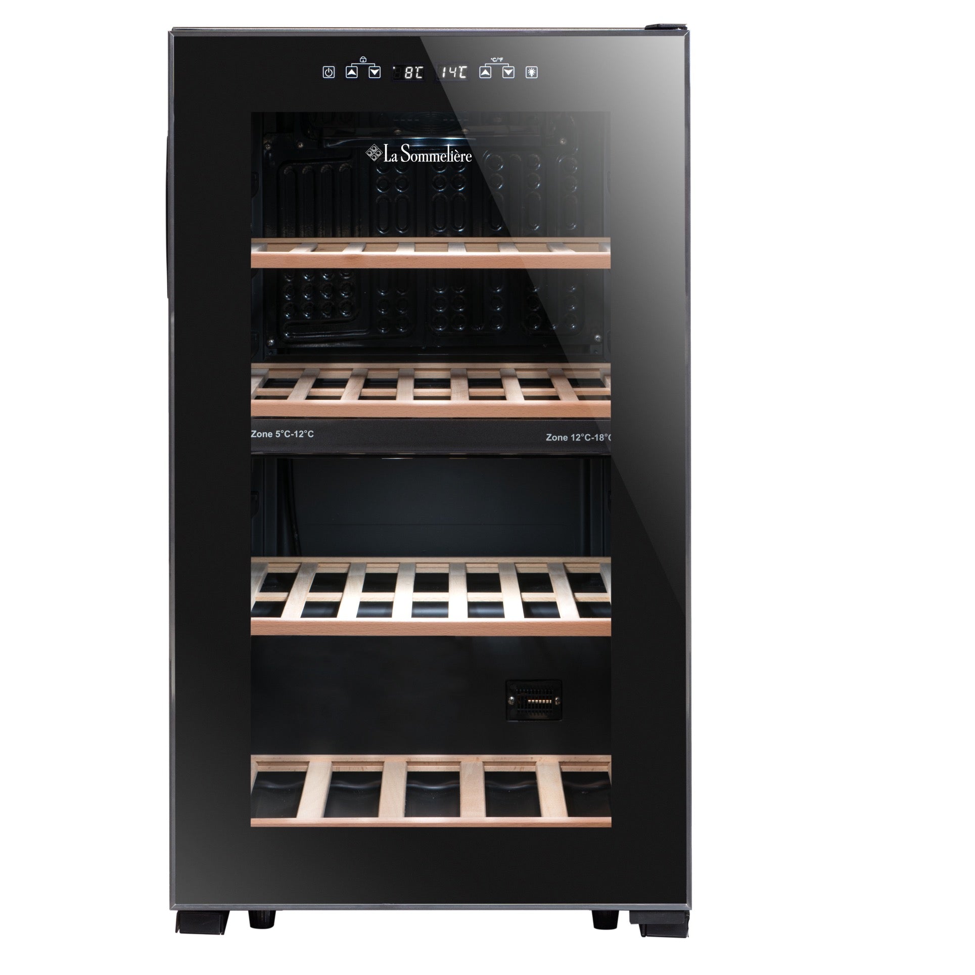 Vista de la Vinoteca 50 botellas La Sommelière LS512ZBLACK doble zona repleta de botellas en estantes de madera