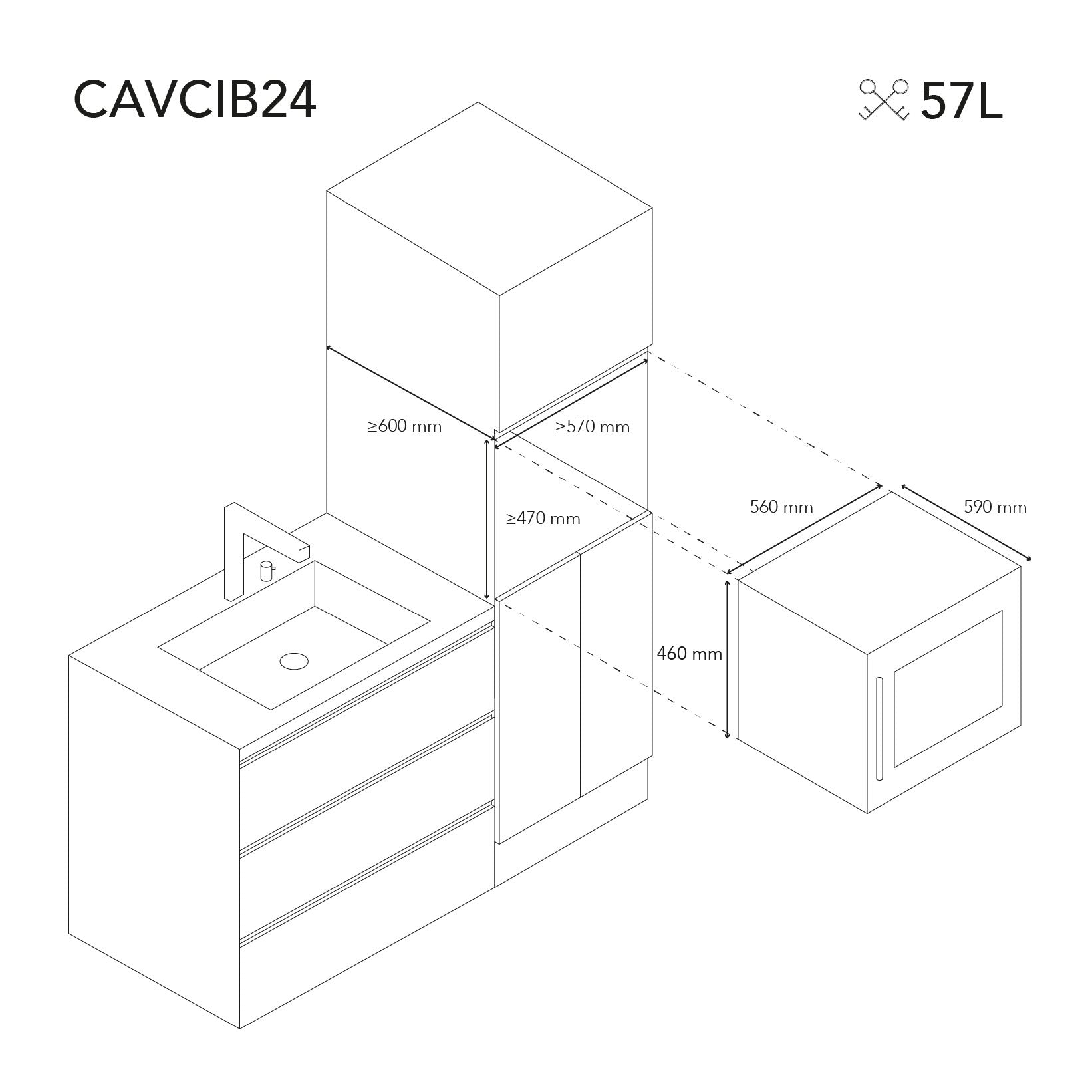 Dibujo técnico de la vinoteca Les Petits Champs CAVCIB24 con dimensiones de encastre en una columna de la cocina