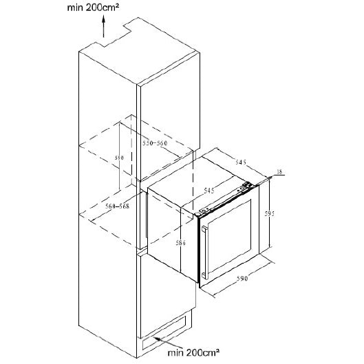 Vinoteca encastrable 30 botellas Caviss CLEN230TBEG doble zona diagrama de encastre
