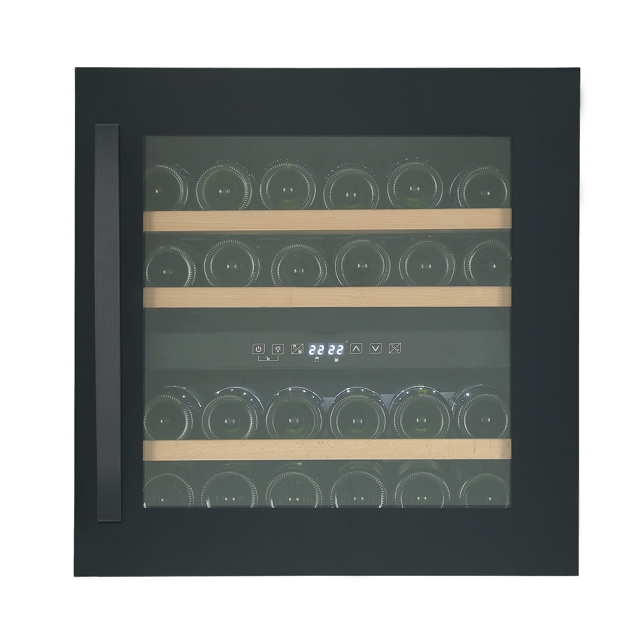 Vinoteca encastrable 30 botellas Caviss CLEN230TBEG doble zona vista frontal con puerta cerrada y llena de botellas de vino