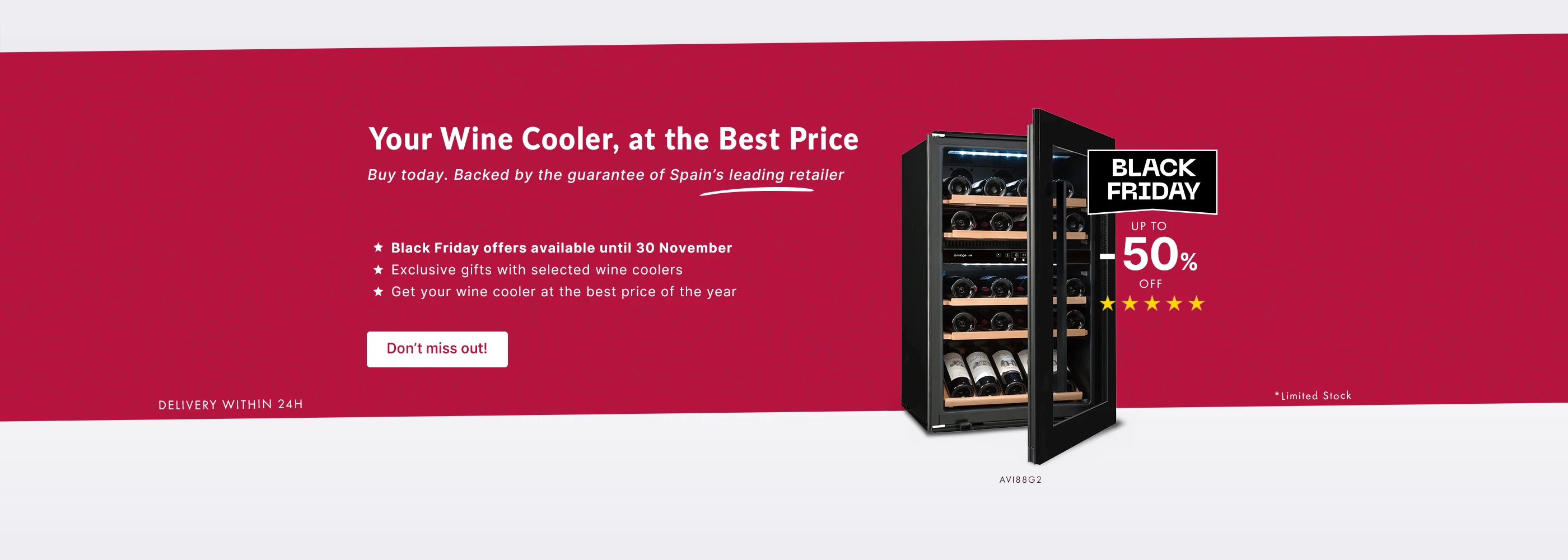 Black Friday banner on Vinoteca.es featuring a black wine cooler, up to 50% discount and the text “Your Wine Cooler, at the Best Price”.