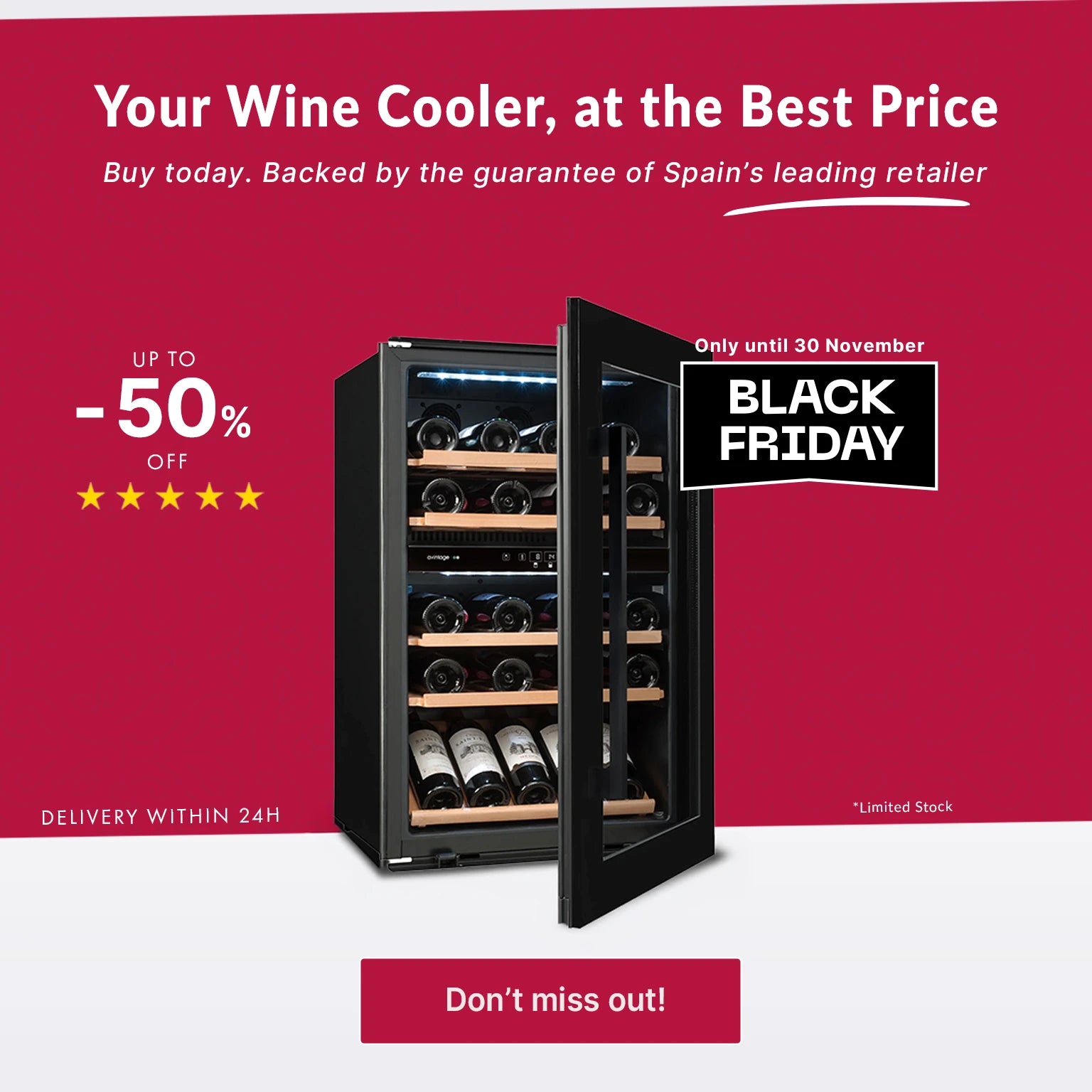Black Friday banner on Vinoteca.es featuring a black wine cooler, up to 50% discount and the text “Your Wine Cooler, at the Best Price”.