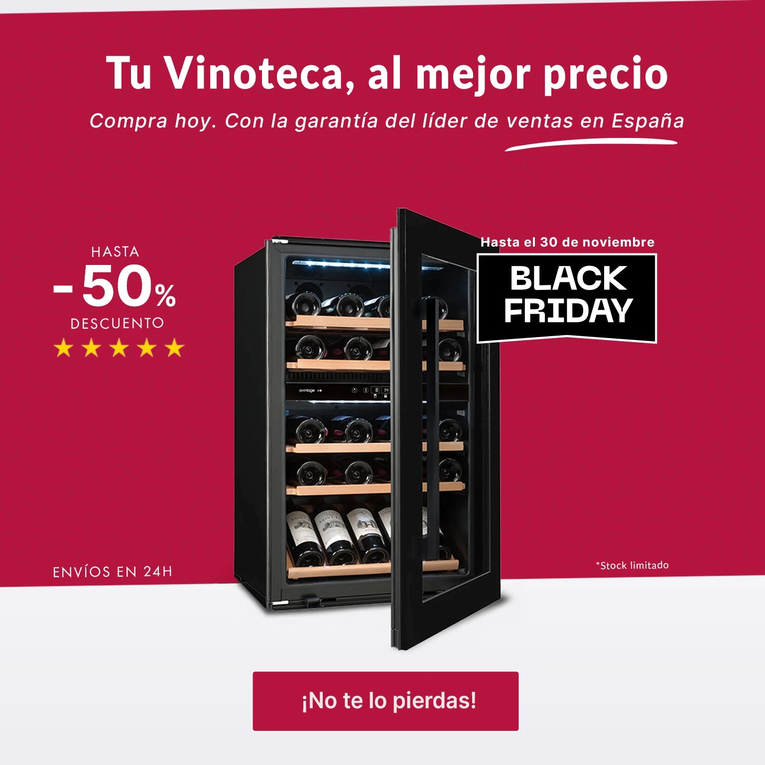 Banner Black Friday Vinoteca.es con vinoteca negra, descuento hasta el 50% y texto “Tu Vinoteca, al mejor precio”.