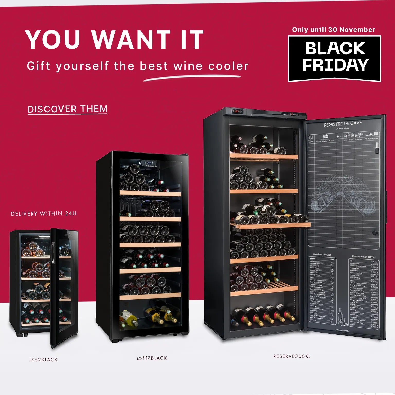 Black Friday banner featuring large-capacity wine coolers, “You Want It” text and promotion valid until 30 November.