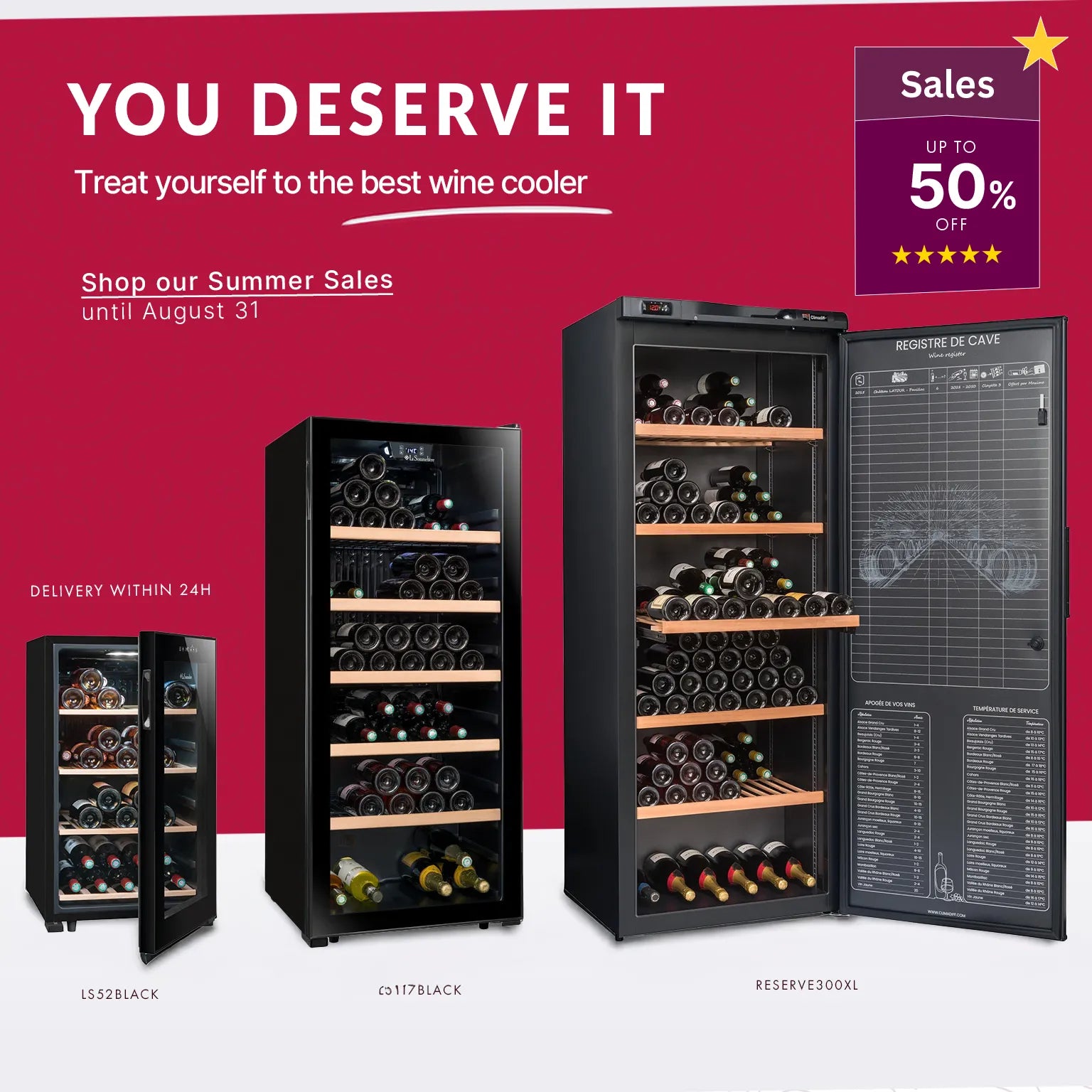 Mobile Summer Sale banner for vinoteca.es featuring up to 50% off and a selection of La Sommelière wine coolers.