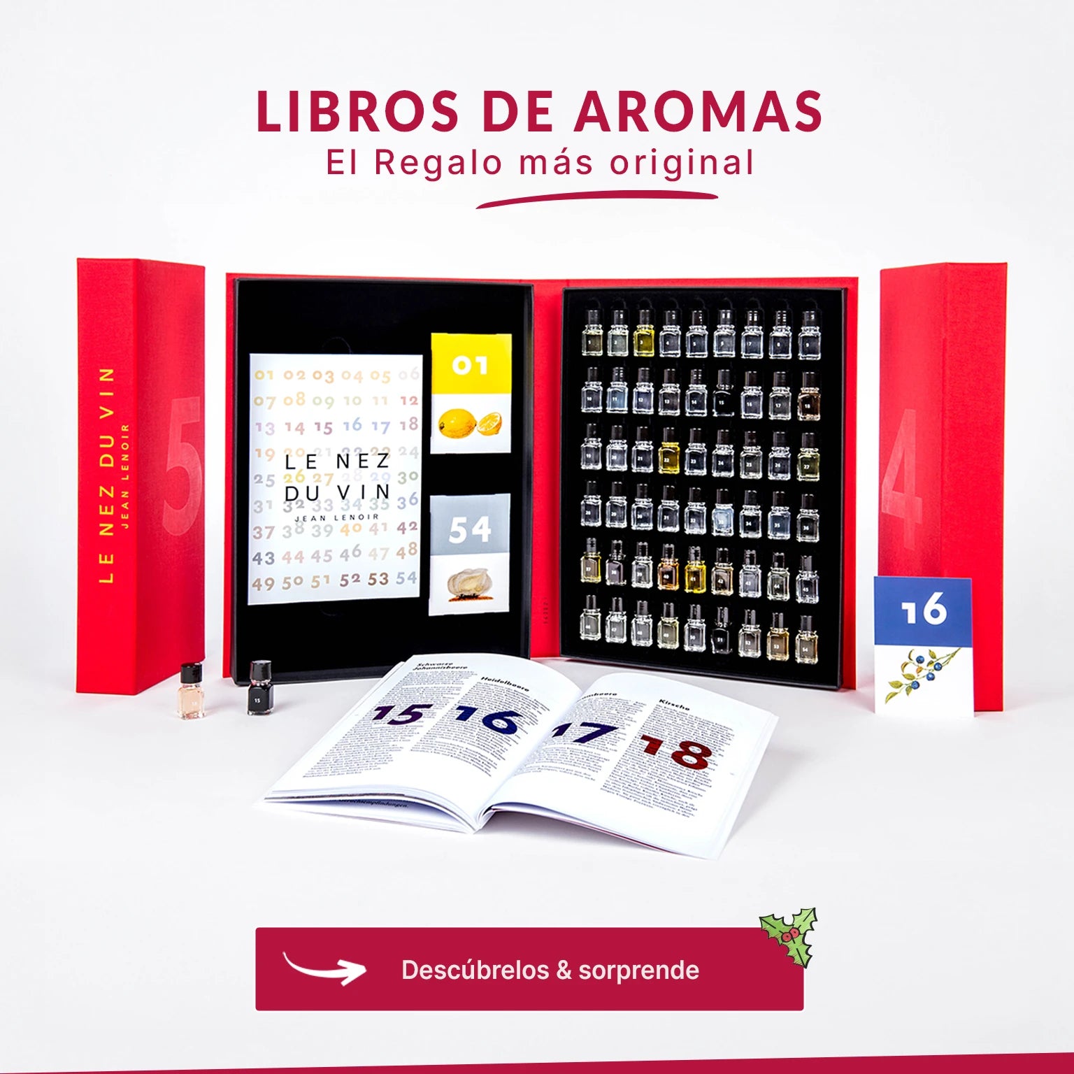 Caja de regalo “Le Nez du Vin” abierta, mostrando frascos pequeños con esencias aromáticas, un libro guía y tarjetas numeradas; sobre fondo blanco con el texto “Libros de Aromas – El regalo más original”. Botón inferior dice “Descúbrelos & sorprende” con decoración navideña.