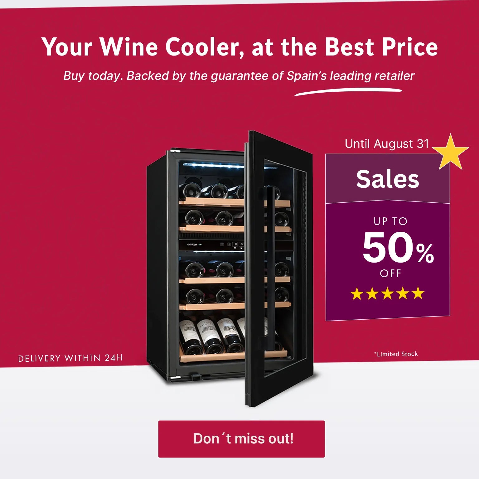 Mobile Summer Sale banner for vinoteca.es featuring up to 50% off and the Avintage AV188G2 wine cooler.