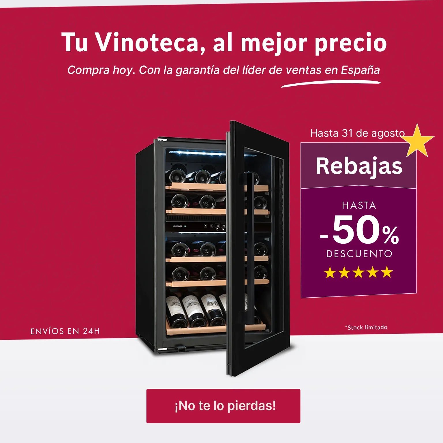 Banner móvil de Rebajas de Verano en vinoteca.es con hasta un 50% de descuento y vinoteca Avintage AV188G2.