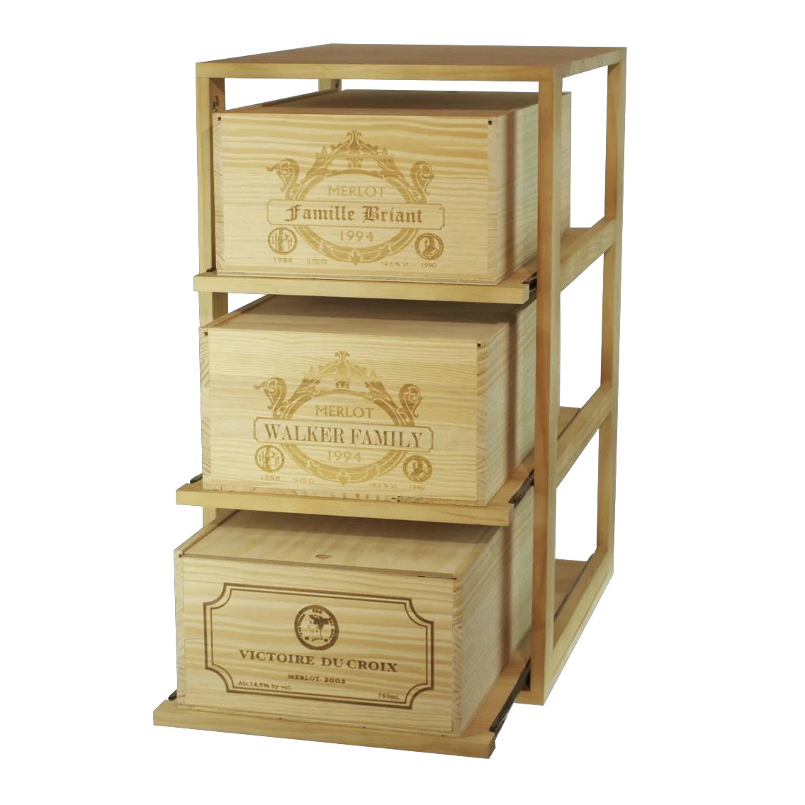 Wine rack for 3 twelve-bottle cases Expovinalia Arganza Godello 2563 - Model shown in pine with light oak finish