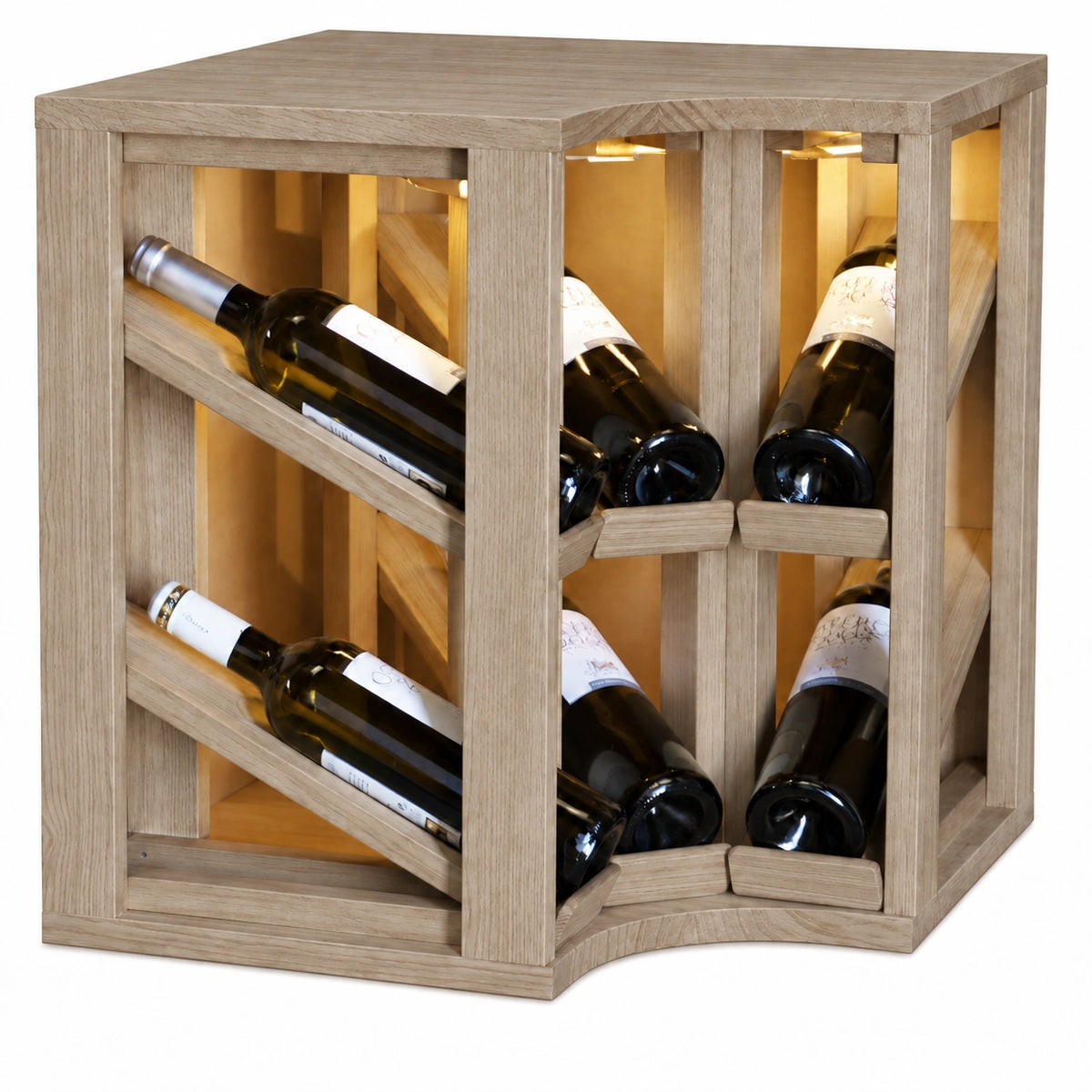 Wine rack for 6 bottles Expovinalia Villafranca Godello 2198 with LED in natural oak ER2198. AI-generated finish representation.