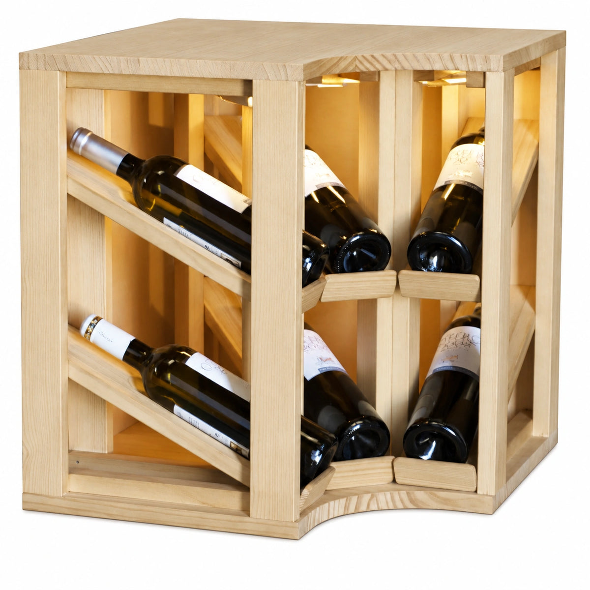 Wine rack for 6 bottles Expovinalia Villafranca Godello 2198 with LED in pine with light oak finish EX2198. AI-enhanced photograph.