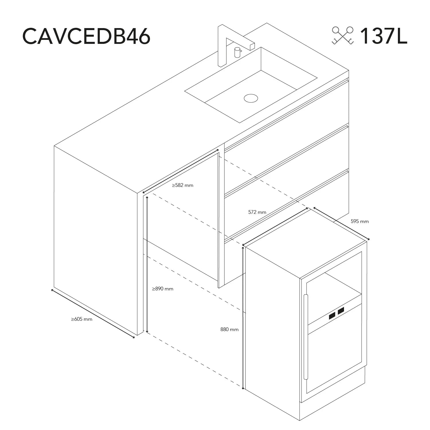 Esquema de instalación de la vinoteca CAVCEDB46 bajo encimera, con medidas del hueco: mínimo 890 mm de alto, 582 mm de ancho y 605 mm de fondo; aparato de 880 × 572 × 595 mm y 137 L.