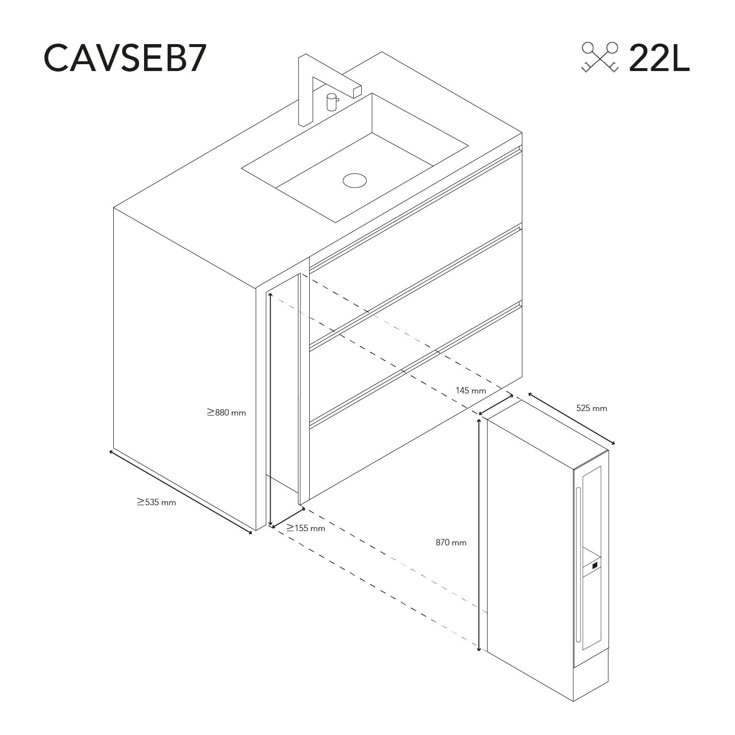 Vinoteca 7 botellas Les Petits Champs CAVSEB7 Black diagrama en encastre en cocina