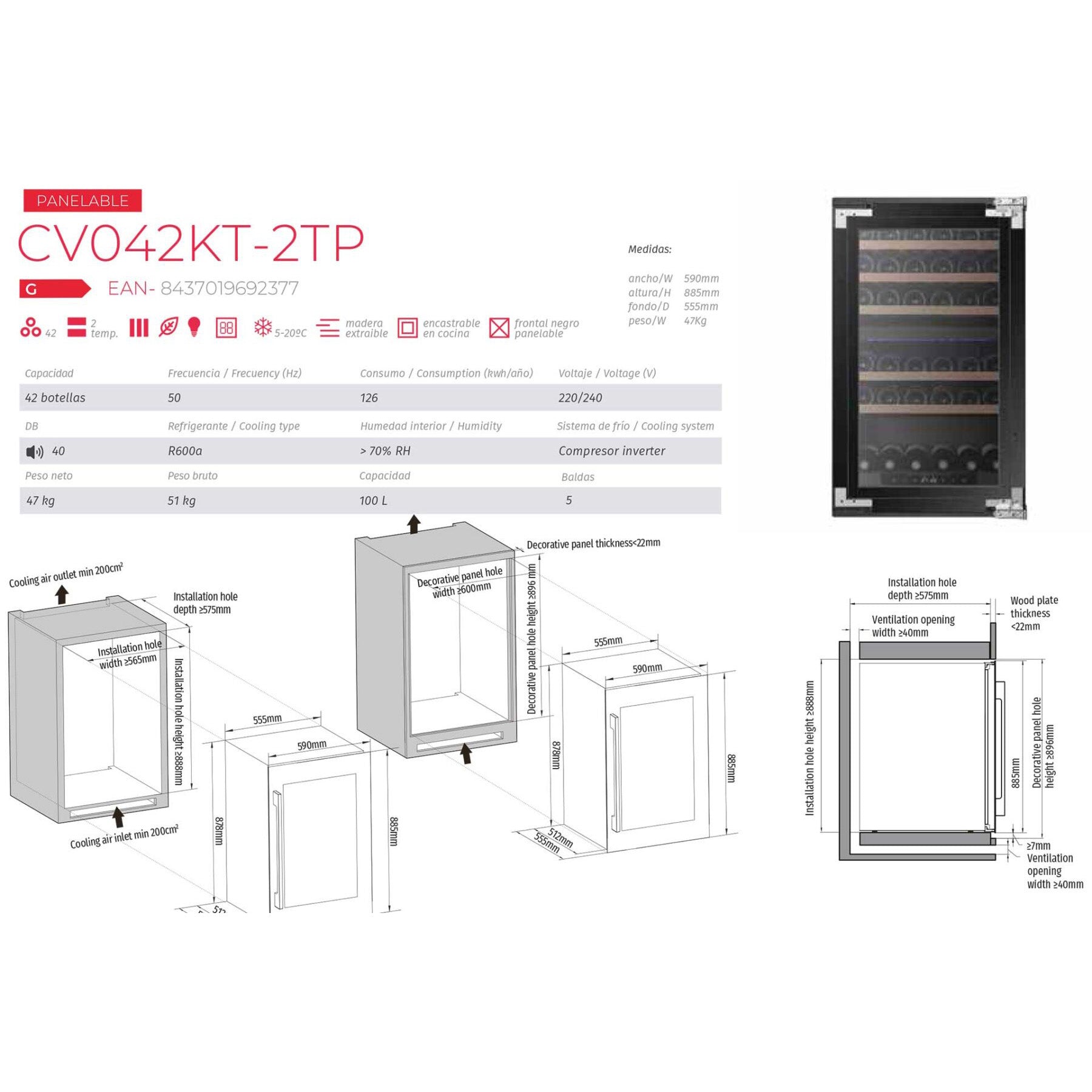 Vinoteca encastrable y panelable 42 botellas Cavanova CV042KT-2TP doble zona detalles técnicos