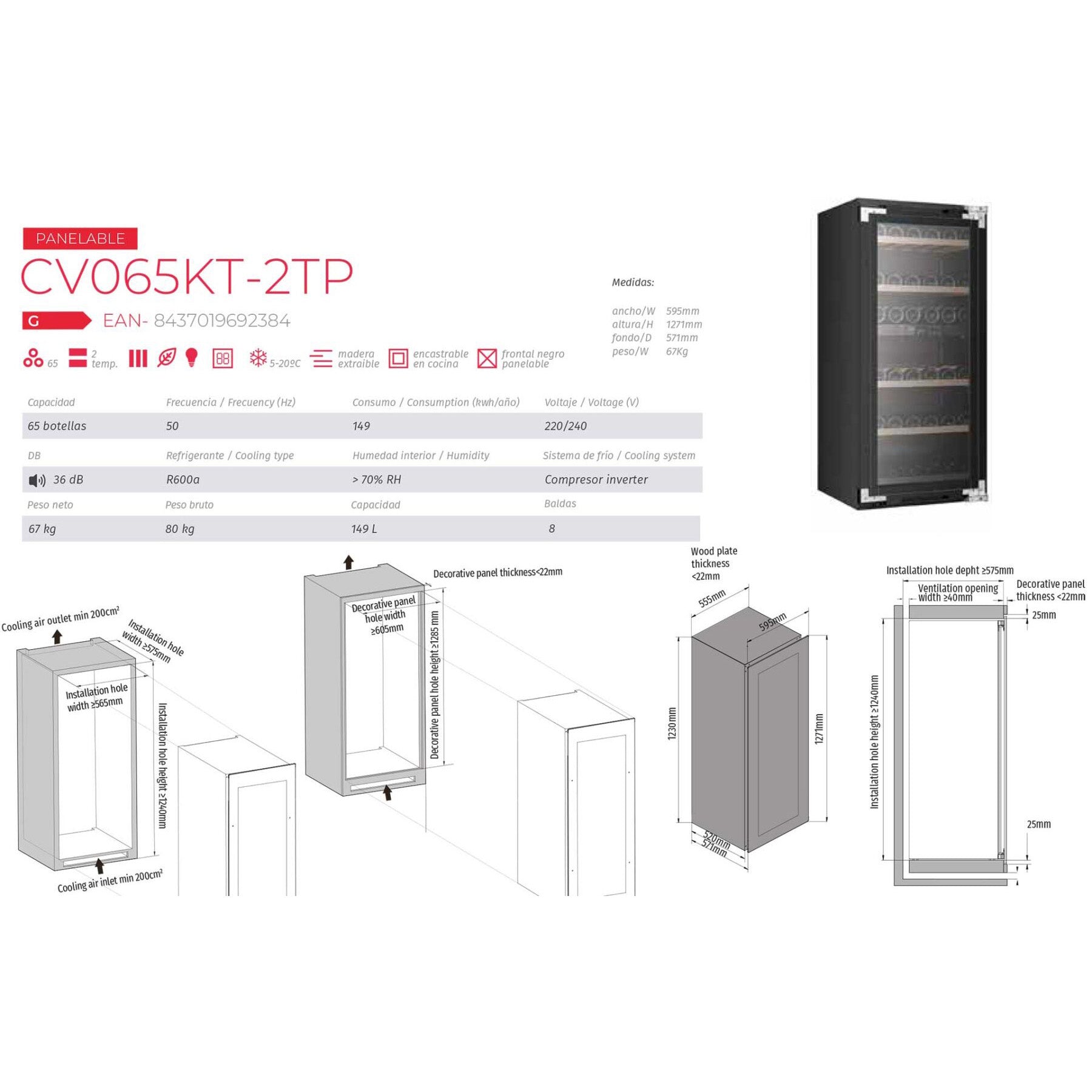 Vinoteca encastrable y panelable doble zona 65 botellas Cavanova CV065KT-2TP detalles técnicos
