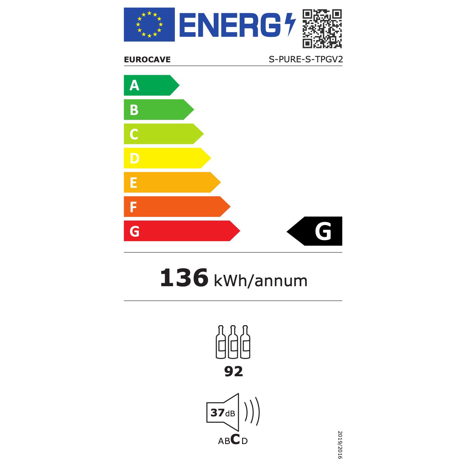 Vinoteca 74 botellas EuroCave Pure SFG5 Multitemperatura Full Glass energy label