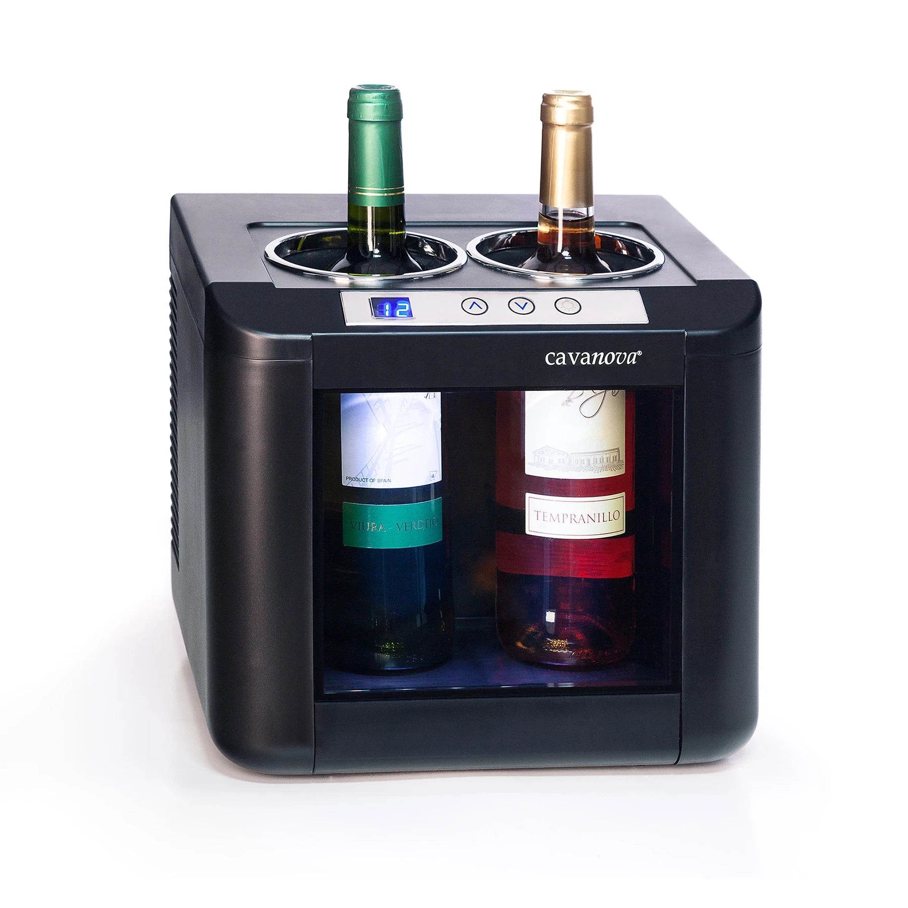 Enfriador de vino Cavanova con frontal transparente e iluminación LED, mostrando dos botellas en su interior.