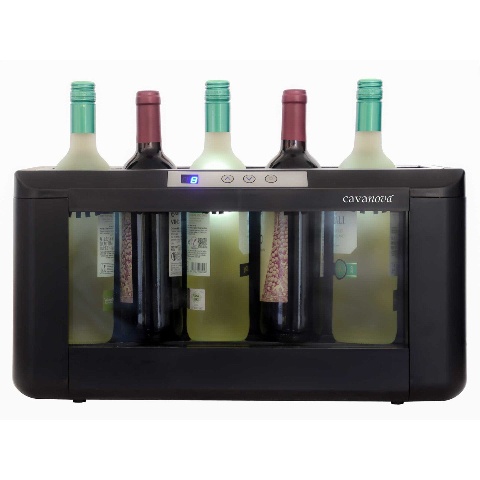 Enfriador de vino horizontal 4-5 botellas Cavanova OW004 Magnum vista frontal con 2 botellas de vino tinto y 3 botellas de vino blanco