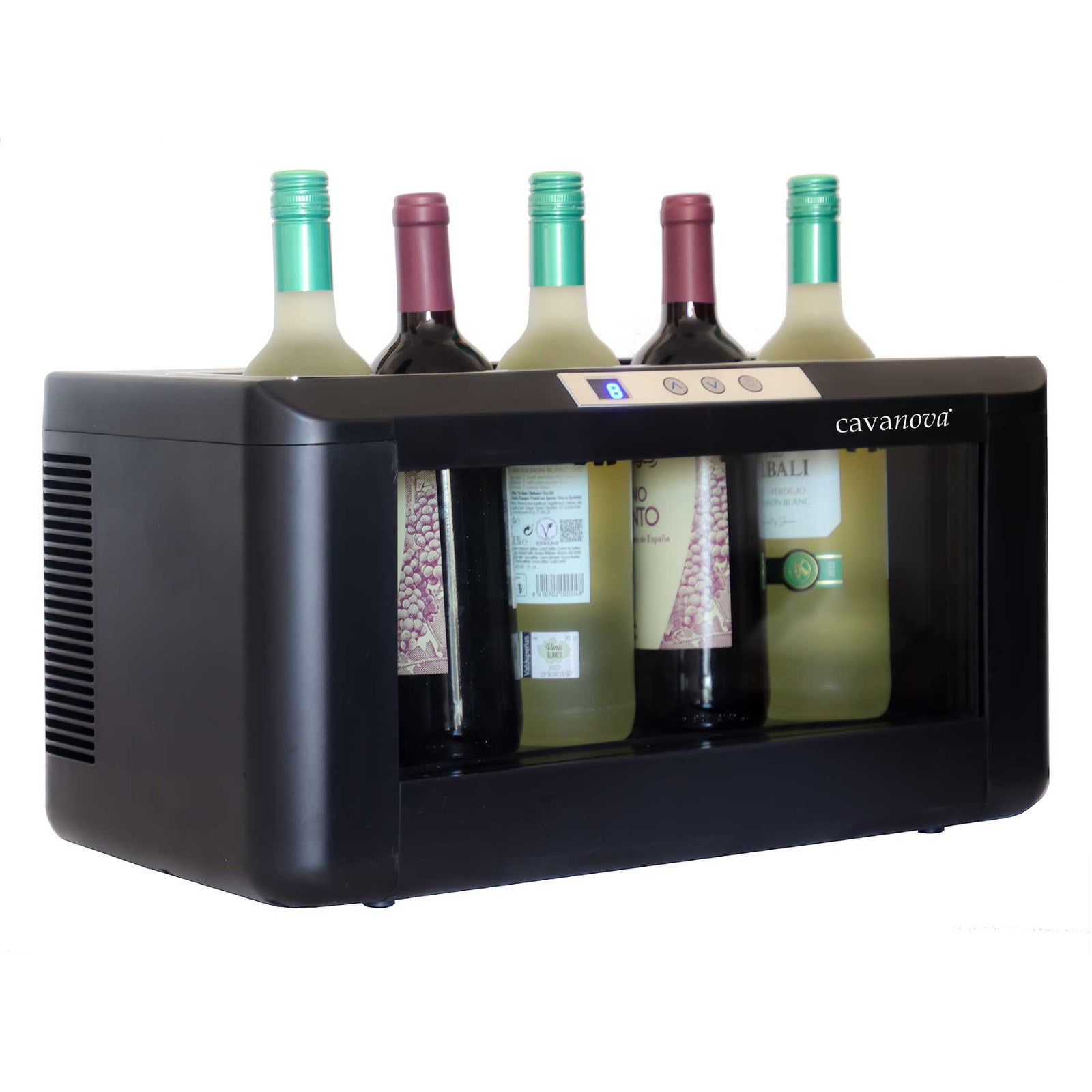 Enfriador de vino horizontal 4-5 botellas Cavanova OW004 Magnum vista lateral con 2 botellas de vino tinto y 3 botellas de vino blanco