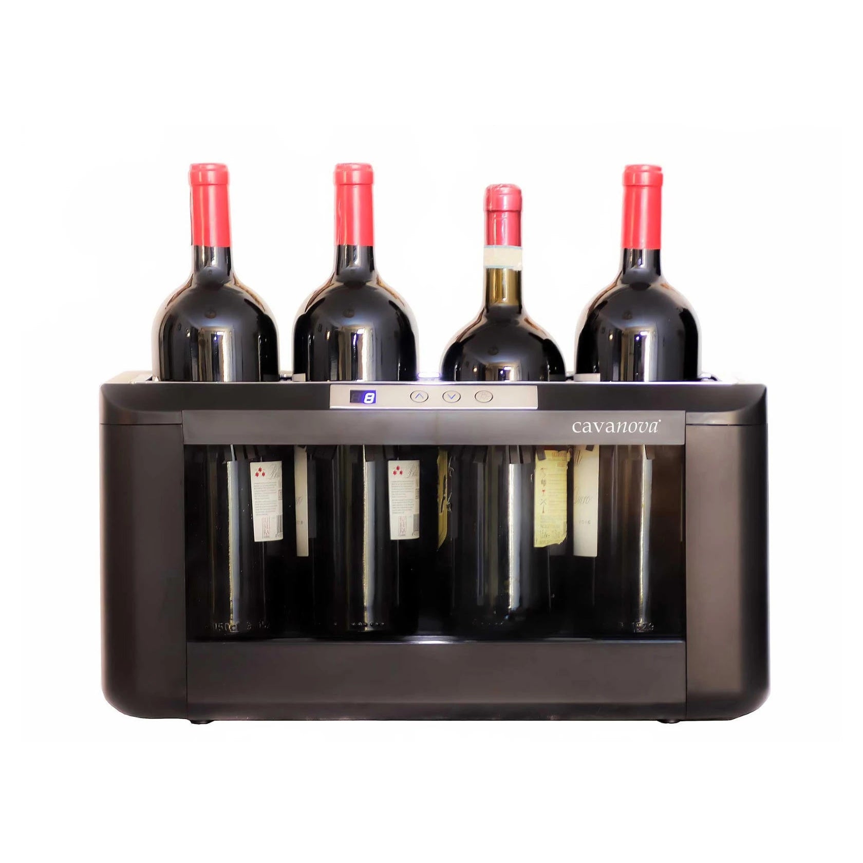 Enfriador de vino horizontal 4-5 botellas Cavanova OW004 Magnum vista frontal con 4 botellas de vino tinto