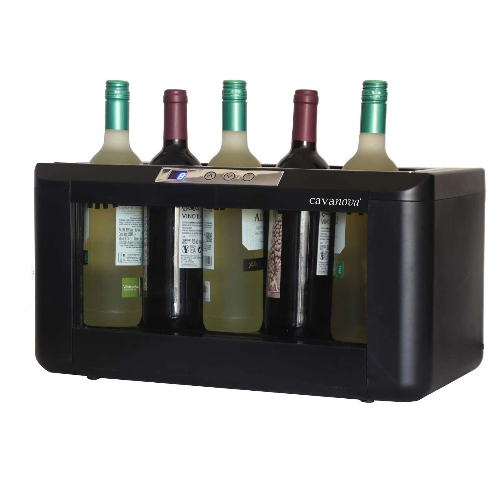 Enfriador de vino horizontal 4-5 botellas Cavanova OW004 Magnum vista lateral con 2 botellas de vino tinto y 3 botellas de vino blanco