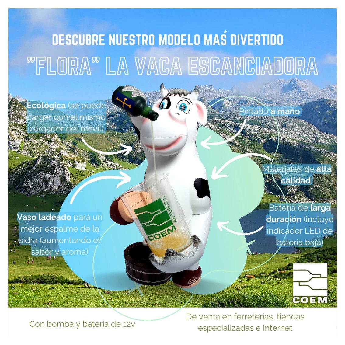 Coem FLORA, detalle del escanciador eléctrico para sidra con botella colocada.