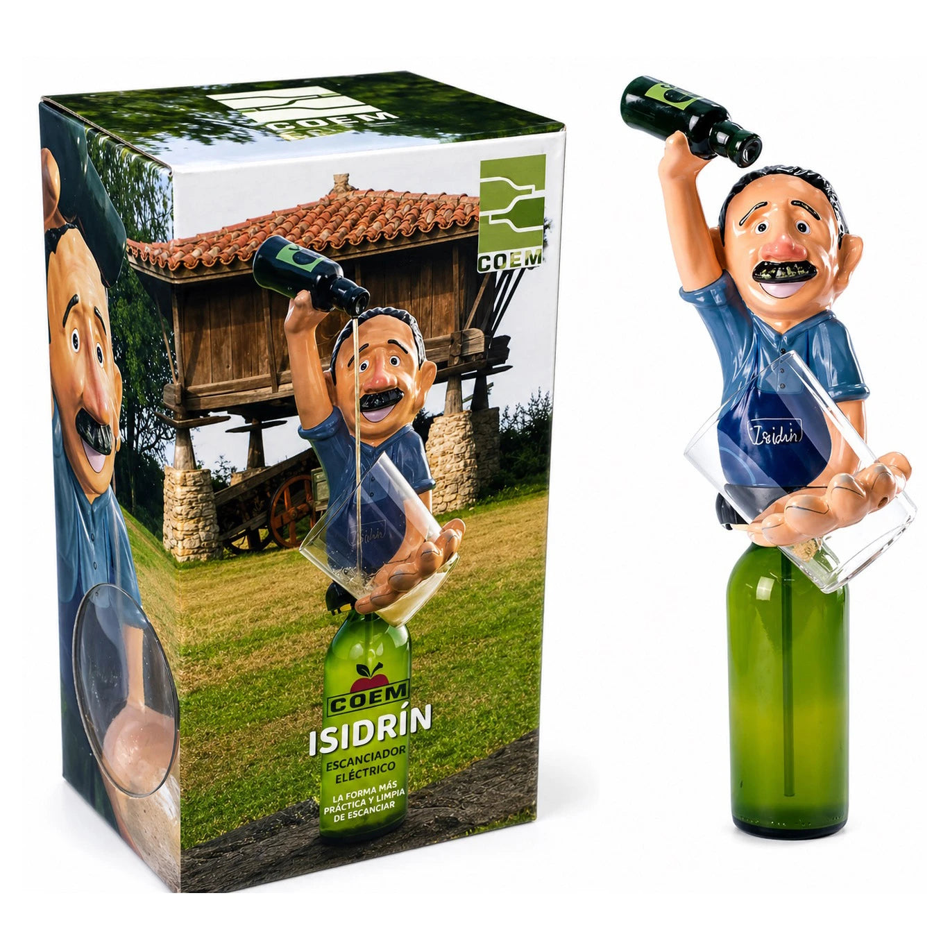 Escanciador de sidra Coem ISIDRÍN, vista del conjunto con figura, botella y vaso.