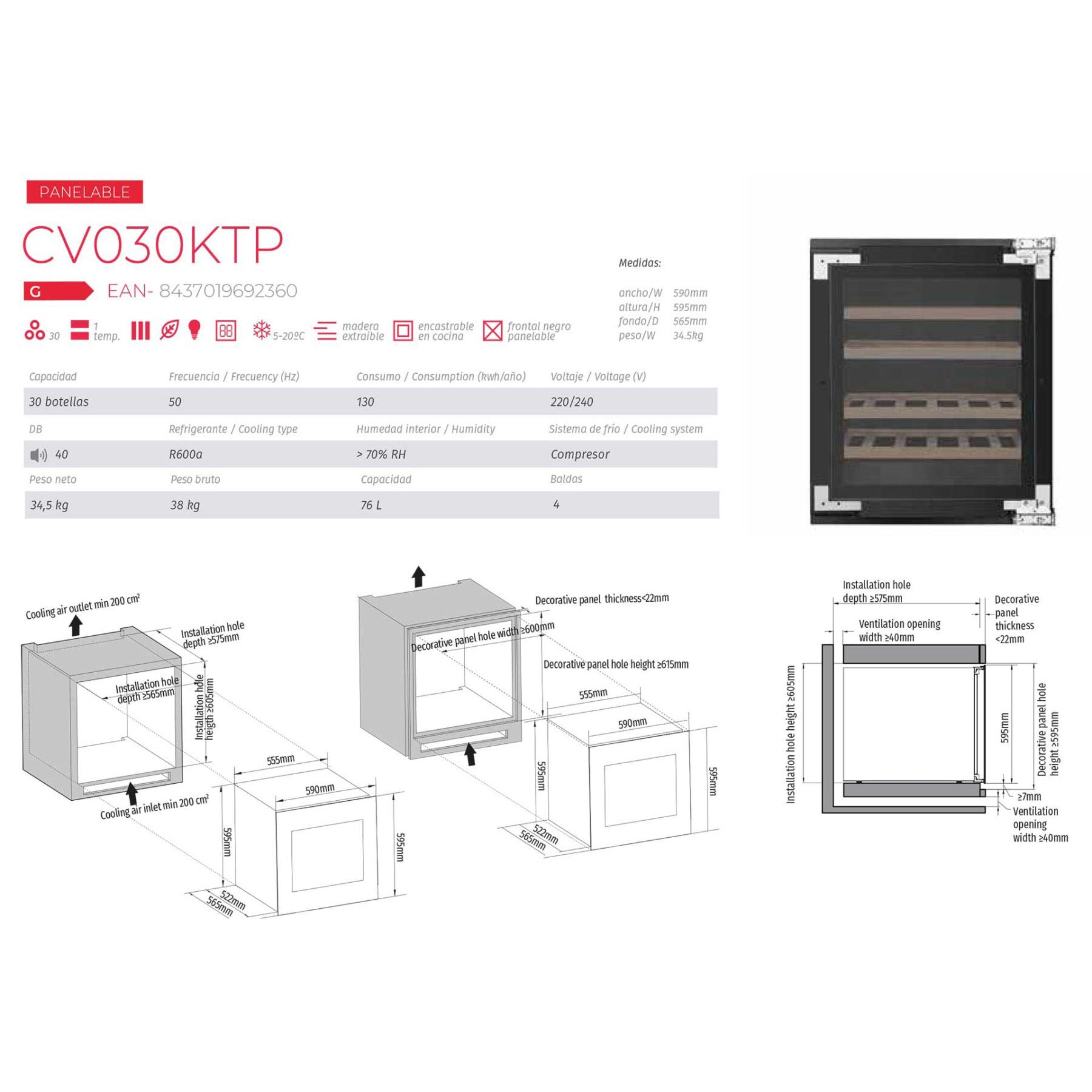Vinoteca encastrable 30 botellas Cavanova CV030KTP Panelable detalles técnicos