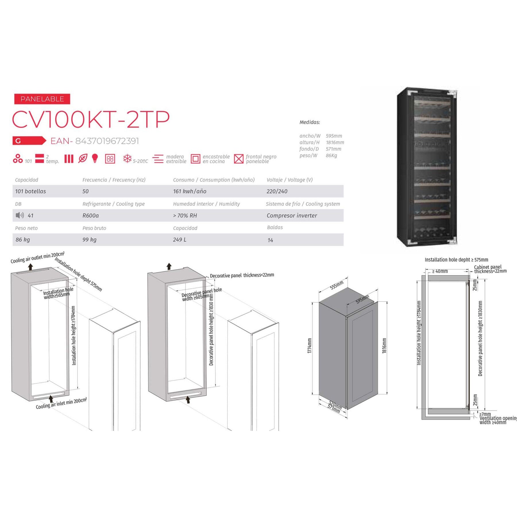 Vinoteca encastrable y panelable doble zona 100 botellas Cavanova CV0100KT-2TP detalles técnicos