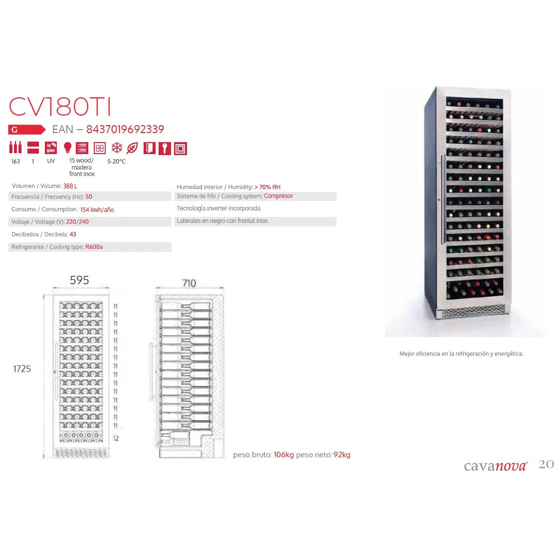 Imagen de instalación de la vinoteca Cavanova CV180TI de 163 botellas, integrable en cocina.