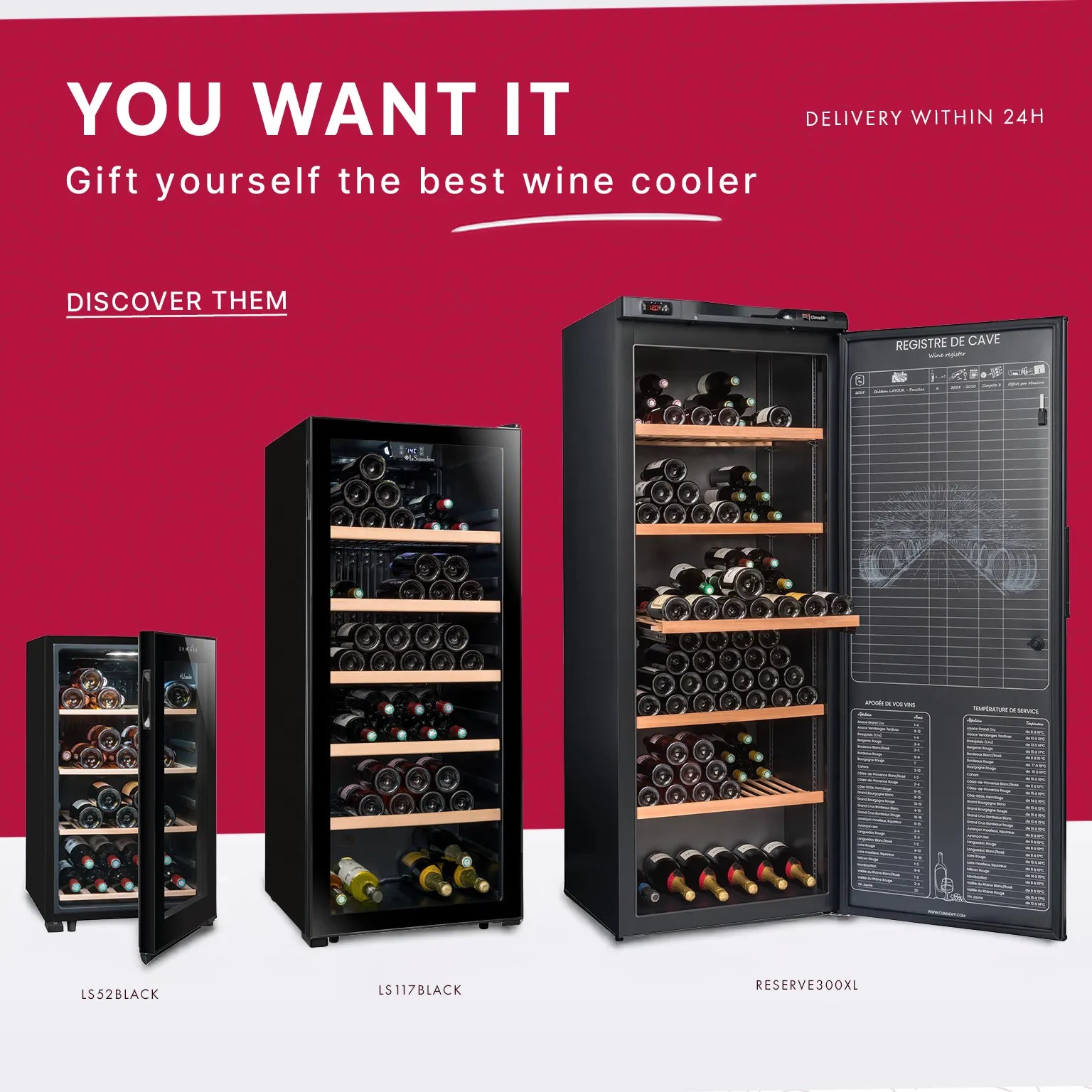 Promotional image of four black wine coolers with visible bottles and labeled models. Includes a gift message and 24h shipping text.
