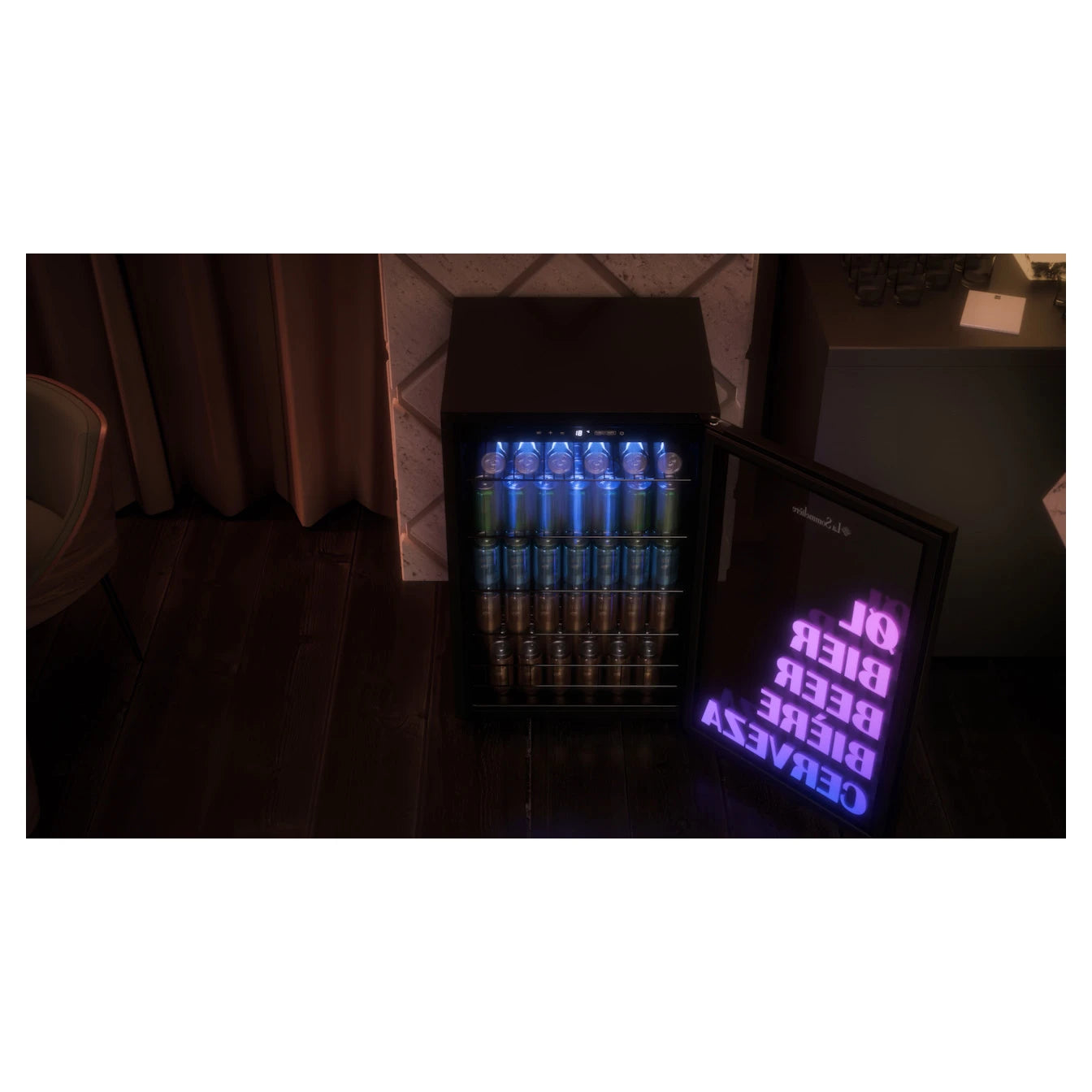 Vista superior de la nevera La Sommelière BEER150 con la puerta abierta, latas organizadas en el interior y texto multilingüe iluminado en el vidrio.