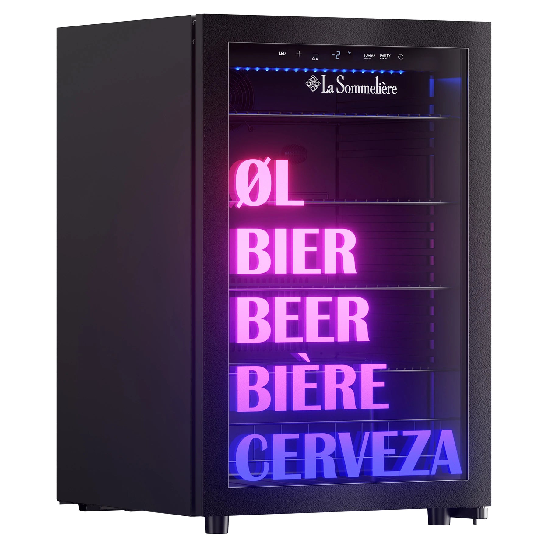 Nevera La Sommelière BEER150 vacía, con puerta de vidrio iluminada en rosa y azul mostrando “cerveza” en cinco idiomas y estantes metálicos visibles.
