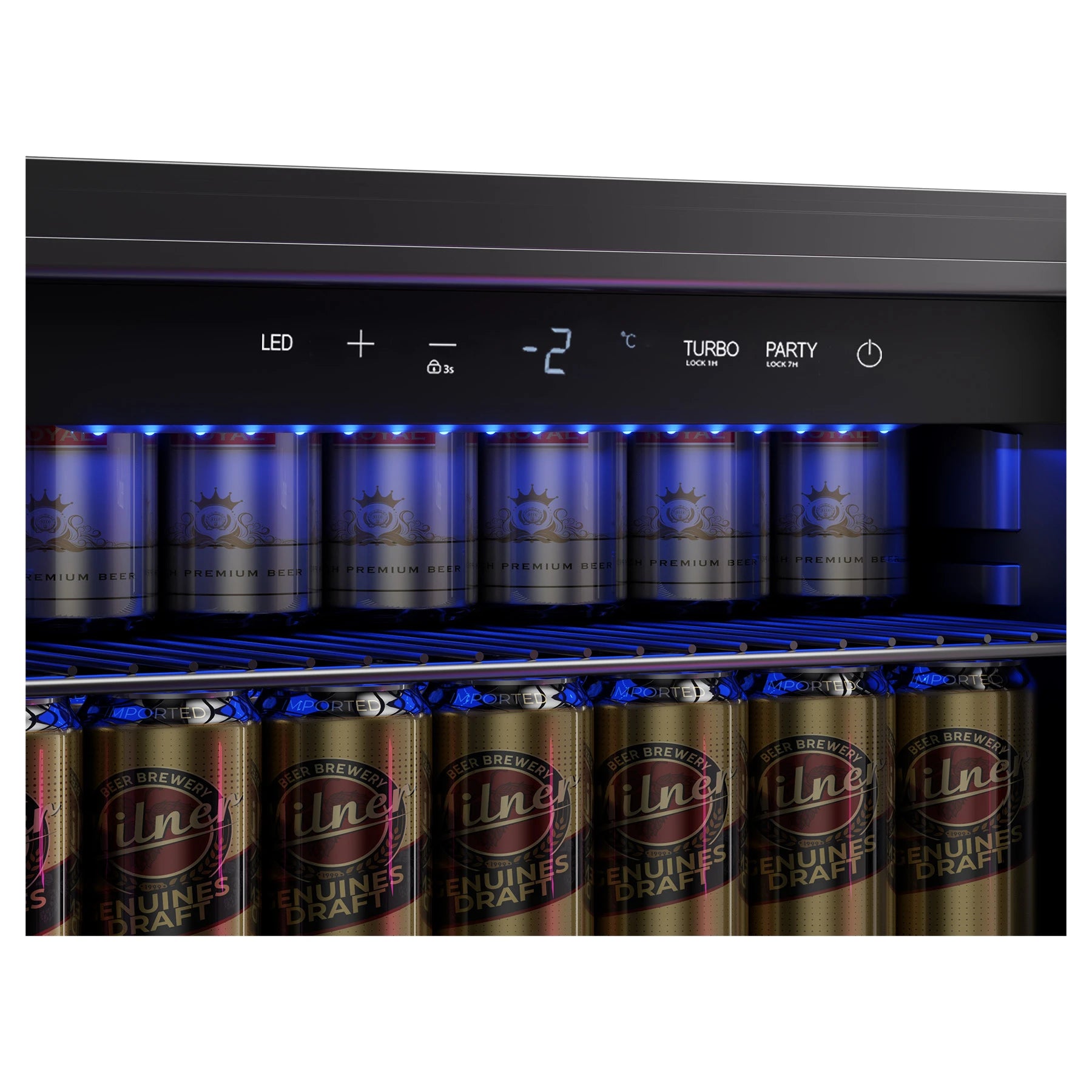 Detalle del panel digital de la nevera La Sommelière BEER150 con temperatura a -2 °C, iluminación LED azul y latas organizadas en estantes.