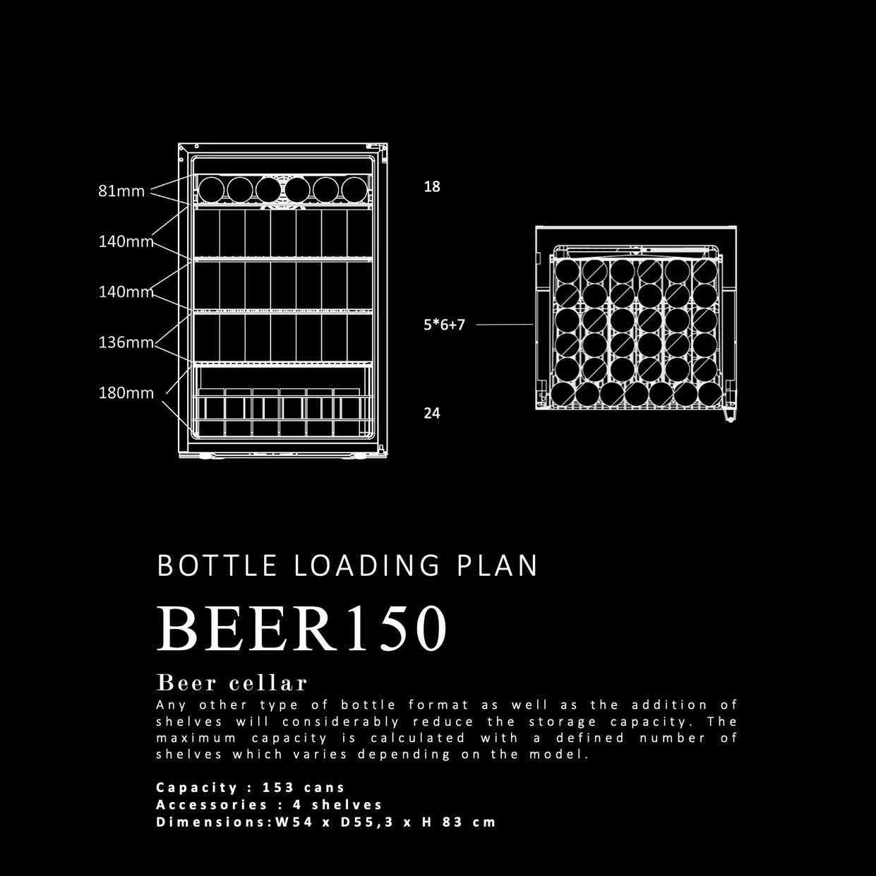 Plano de carga de latas para la nevera La Sommelière BEER150 con capacidad de 153 latas, cuatro estantes y dimensiones de 54 × 55,3 × 83 cm.