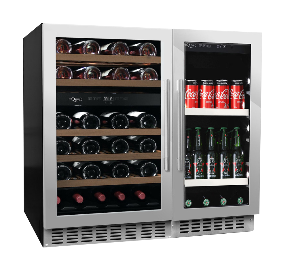 Pack vinoteca mQuvée WineCave 700 60D y nevera para cerveza BeerServer 30 Stainless vista de tres cuartos