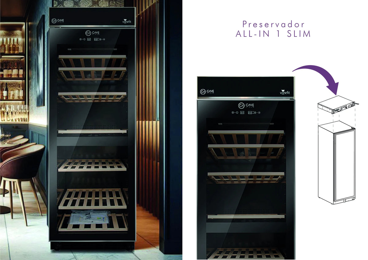 Installation diagram of the Cave Vinum ALL-IN 1 Slim preserver above a Cave Vinum wine cabinet