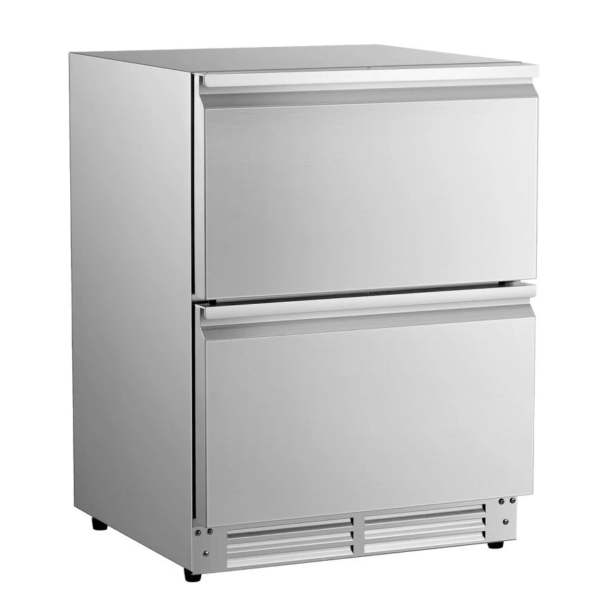 Refrigerador de bebidas Cavin Outdoor Collection 51D Stainless de exterior, vista frontal de los dos cajones en acero inoxidable.