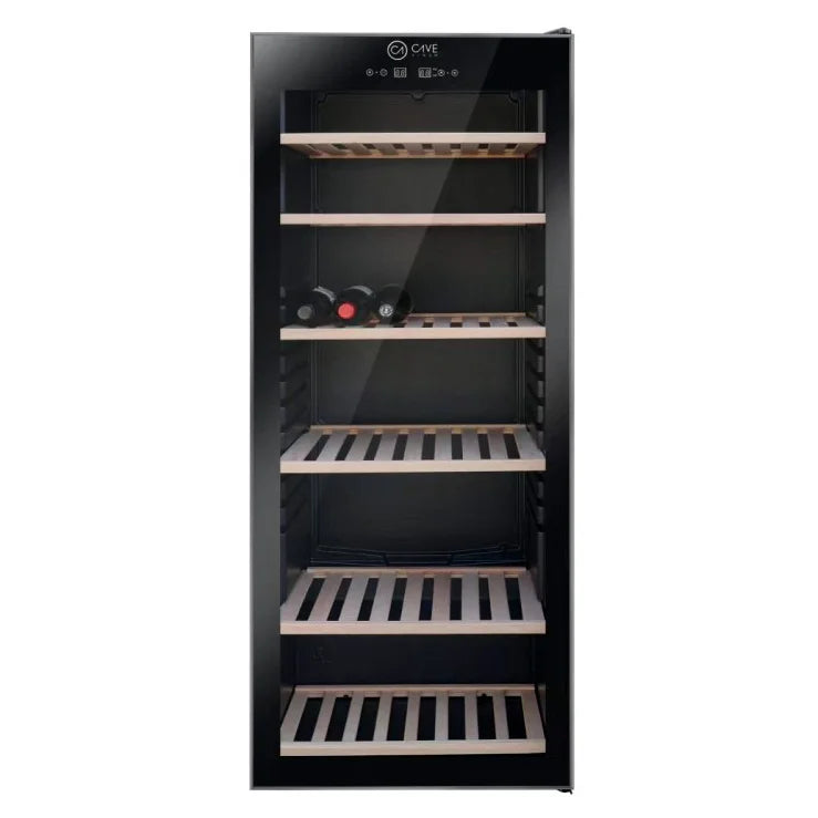 Cave Vinum CV-100-N, vinoteca de 100 botellas, vista con botellas almacenadas en bandejas de madera.