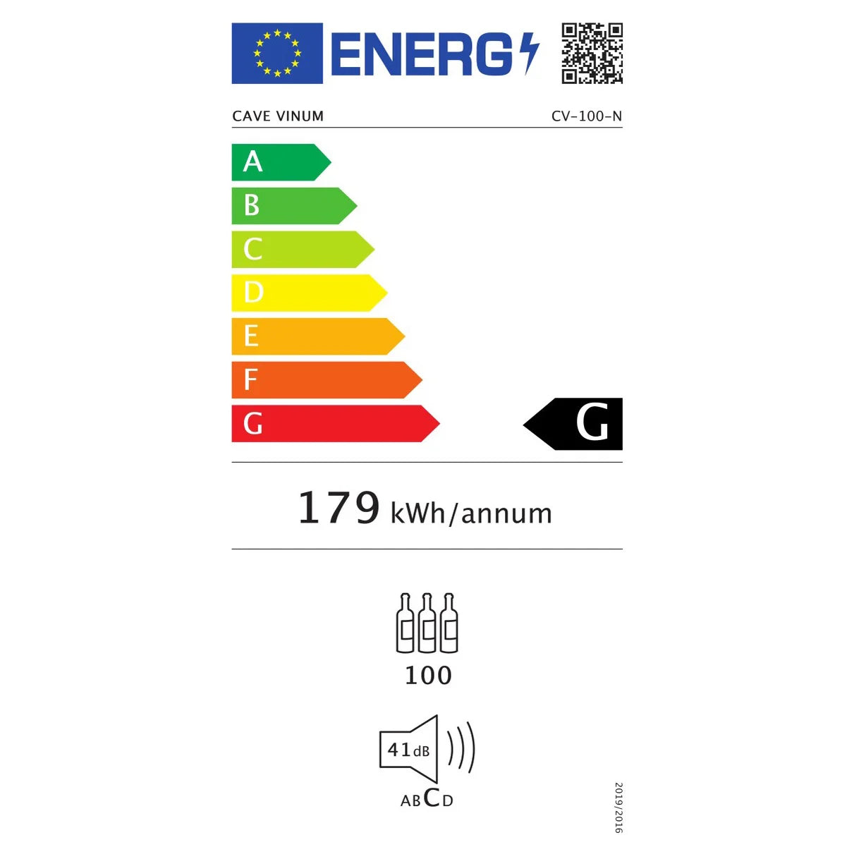 Etiqueta energética de la vinoteca Cave Vinum CV-100-N de 100 botellas, clase G y consumo anual de 179 kWh.