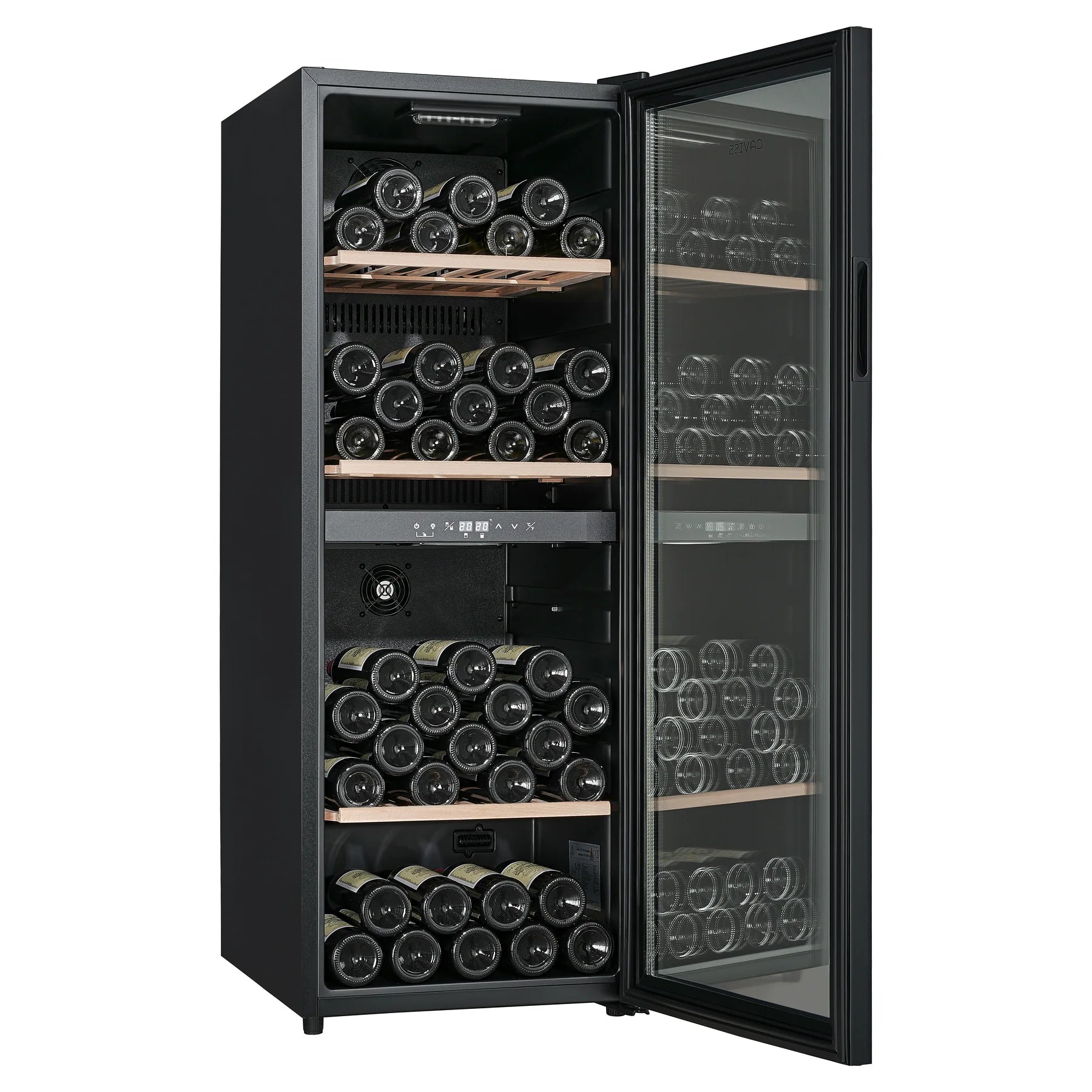 Vinoteca Caviss CT2PL100CB abierta y llena de botellas, vista de tres cuartos