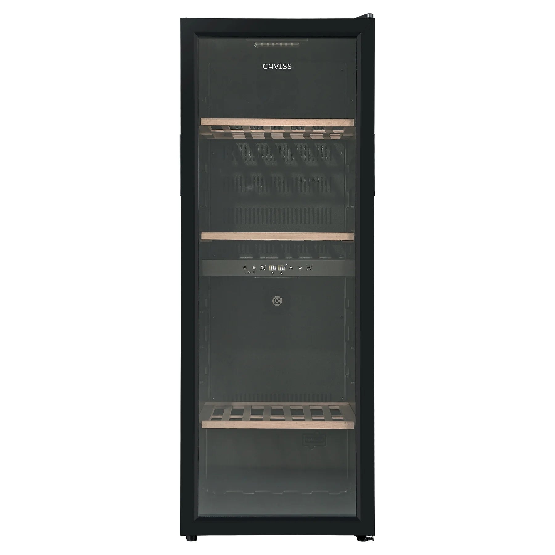 Vinoteca Caviss CT2PL100CB cerrada con los estantes de madera visibles