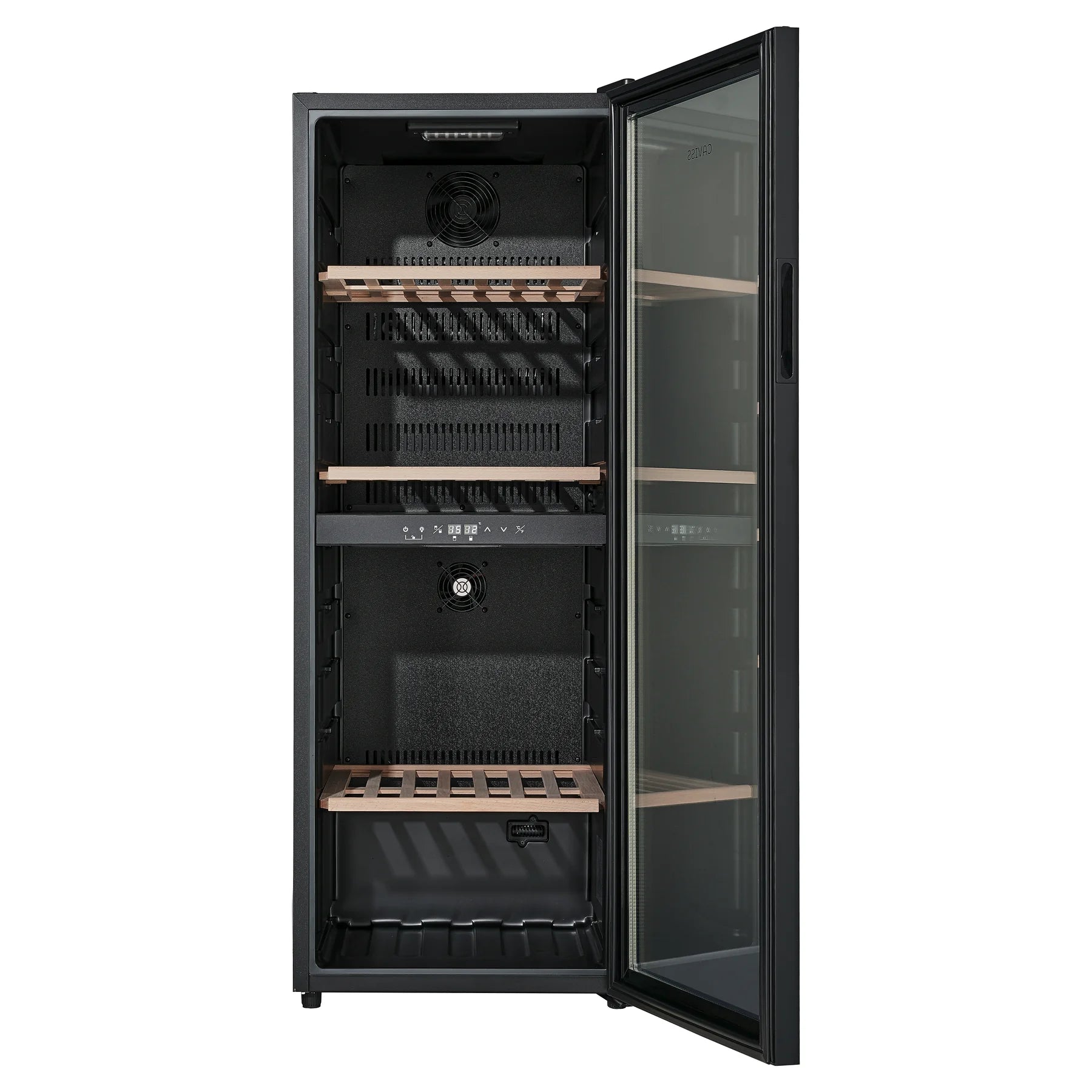 Interior vacío de la vinoteca Caviss CT2PL100CB con los estantes de madera