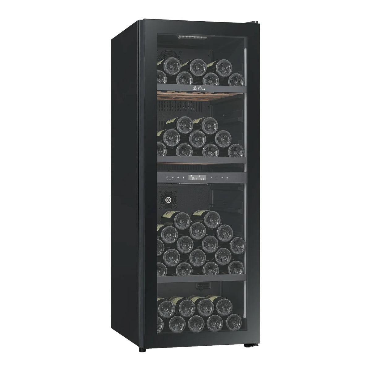 Vinoteca Le Chai LCT2FS100 de 100 botellas, vista de tres cuartos con la puerta cerrada y llena de botellas.