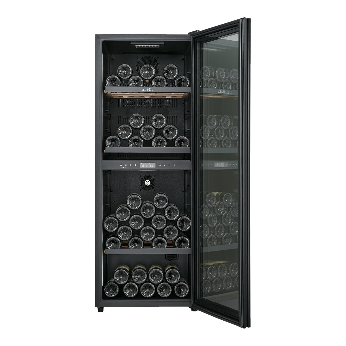 Vinoteca Le Chai LCT2FS100 de 100 botellas, vista frontal con la puerta abierta y las botellas en los estantes.